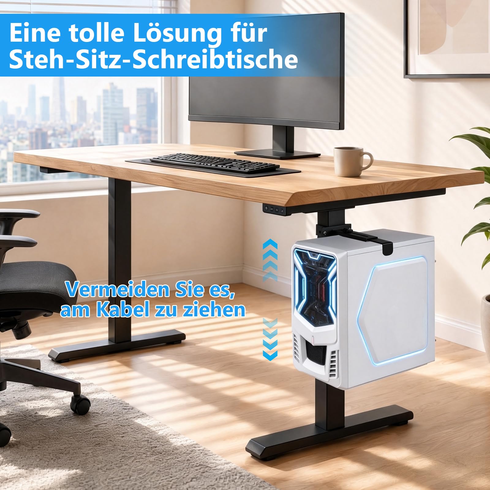Supporto per PC sotto la scrivania, supporto regolabile per CPU senza foratura, per scrivanie regolabili in altezza, solo per gambe del tavolo da 80 × 50 mm, portata fino a 18 kg, facile da