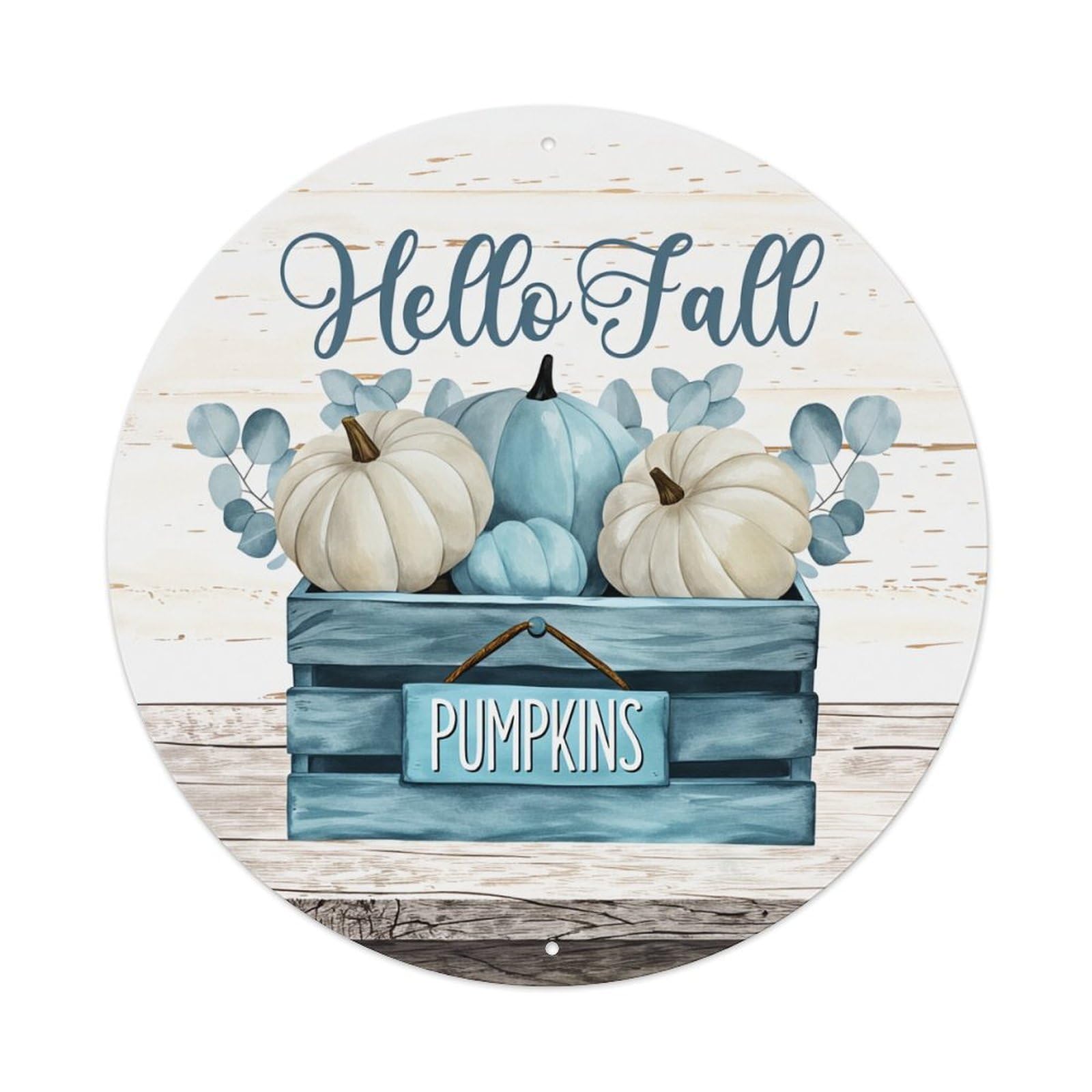 Hello Fall Pumpkins Crate Eucalyptus Round Tin Sign Vintage Metal Sign Home Bar Garden Indoor & Outdoor Wall Decor Retro Metal Poster 8x8 Inch