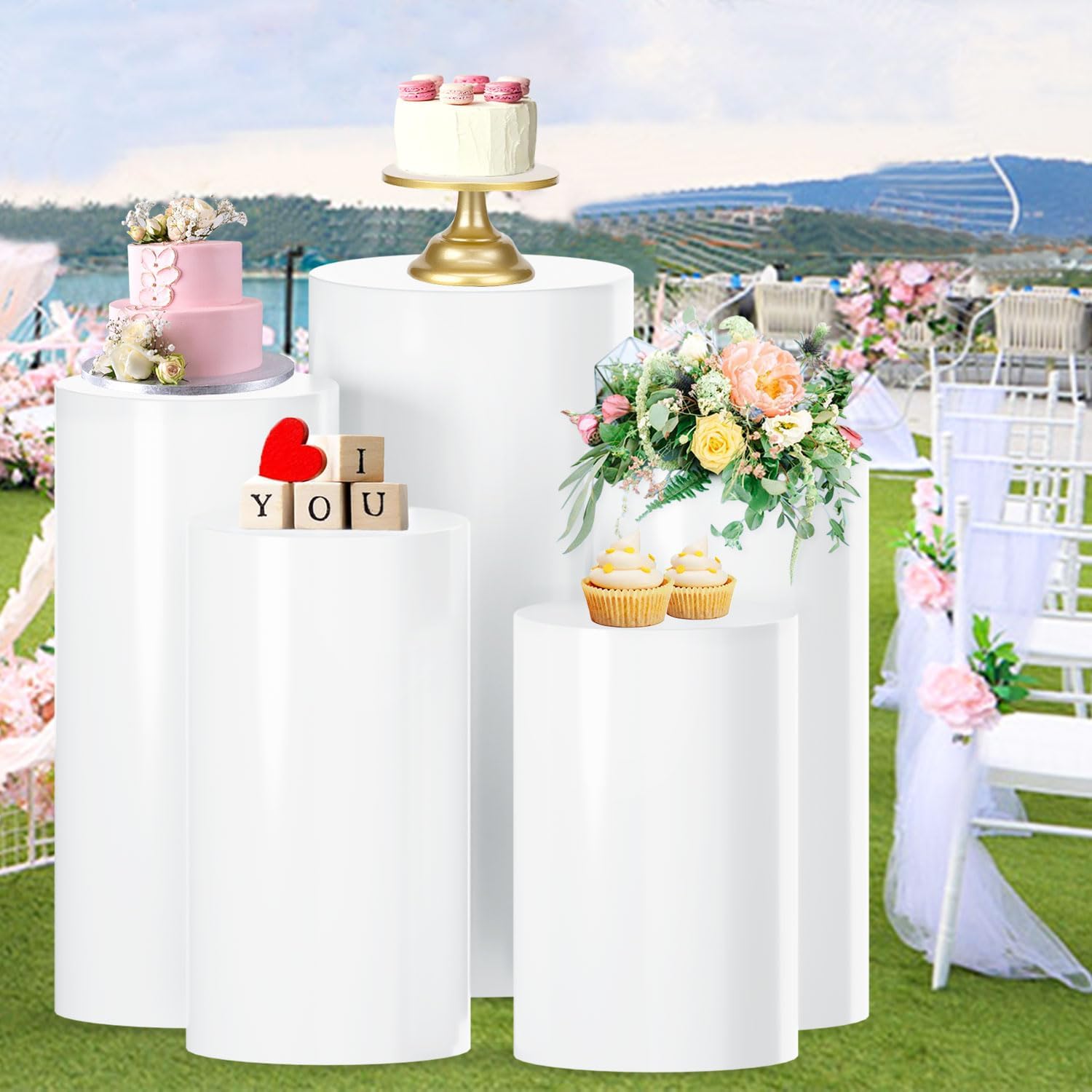 FUHSY Cylinder Pedestal Stands for Parties 5 PCS Round Cylinder Stand White Cylinder Pillar Stand Cake Pedestal Stand Display Party Plinth Table for Wedding Birthday Baby Bridal Shower Decoration Large-5 PCS White