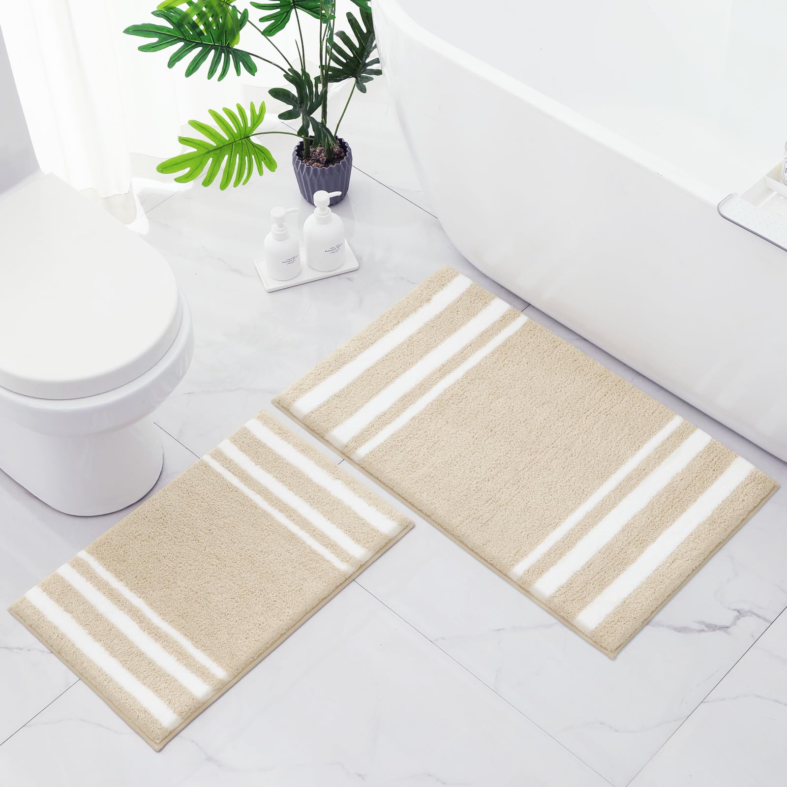HOMEIDEAS Bathroom Rug Set 2 Piece, Striped Super Absorbent Soft Microfiber Non-Slip Washable Bath Mats for Shower and Tub (Beige)