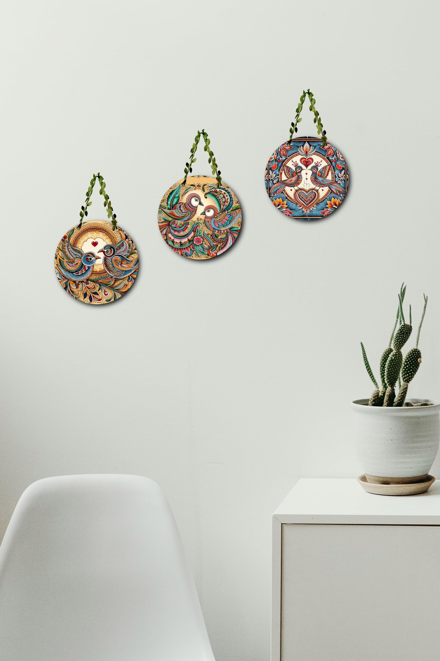 MDA Ethnic Love Bird Wall Hanging Set β Round Decorative Wall Plates for Home & Living Room | Wall Art Decor Items | Birds-Cir-(Set of 3) 4