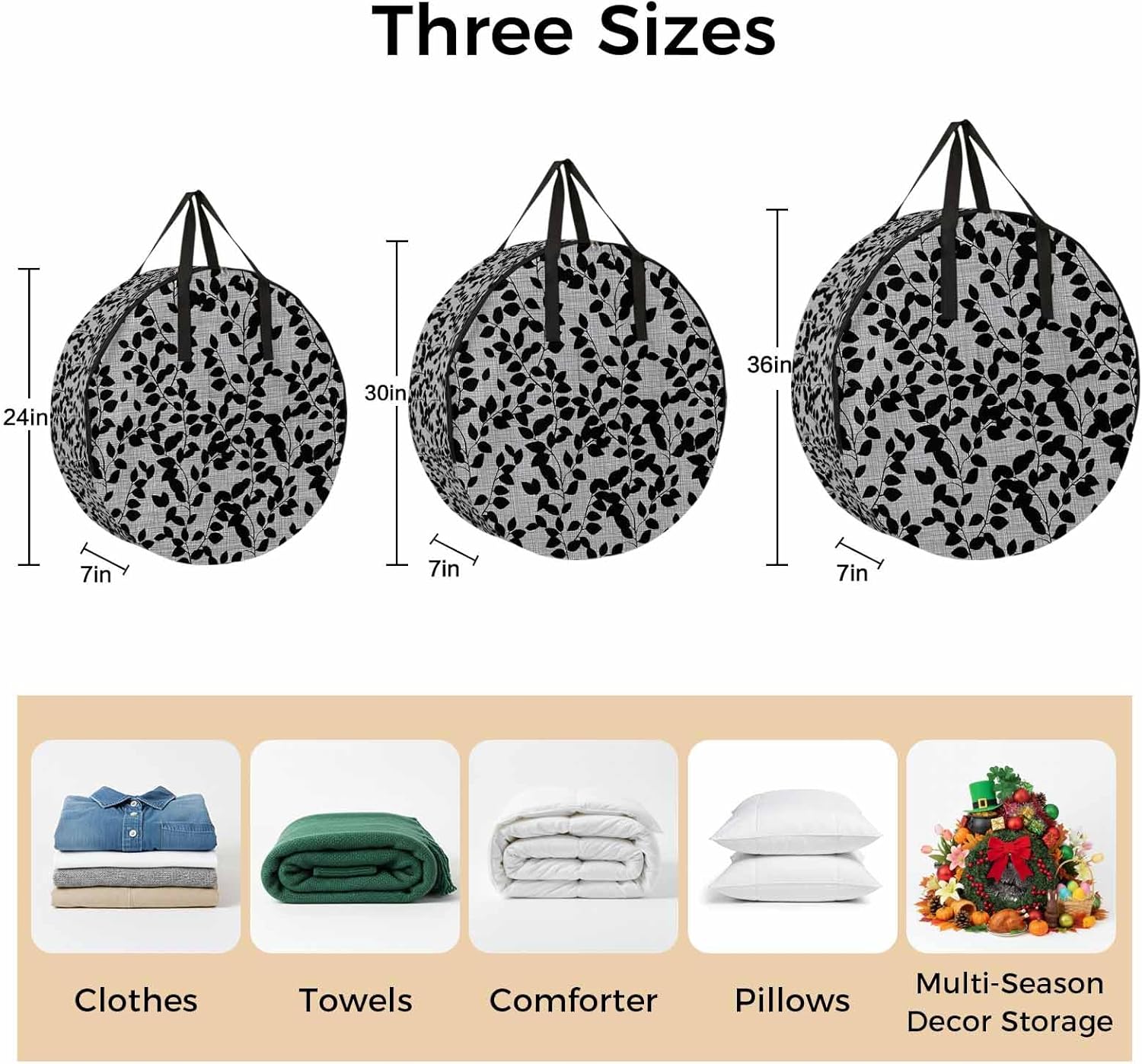 Storage Bag Branch Leaves Round Storage Totes Bins Closet Organizers with Zippers & Handle Plant Black Clothes Storage Container for Bedroom Dorm Space Saving Packing Supplies Moving Bags
