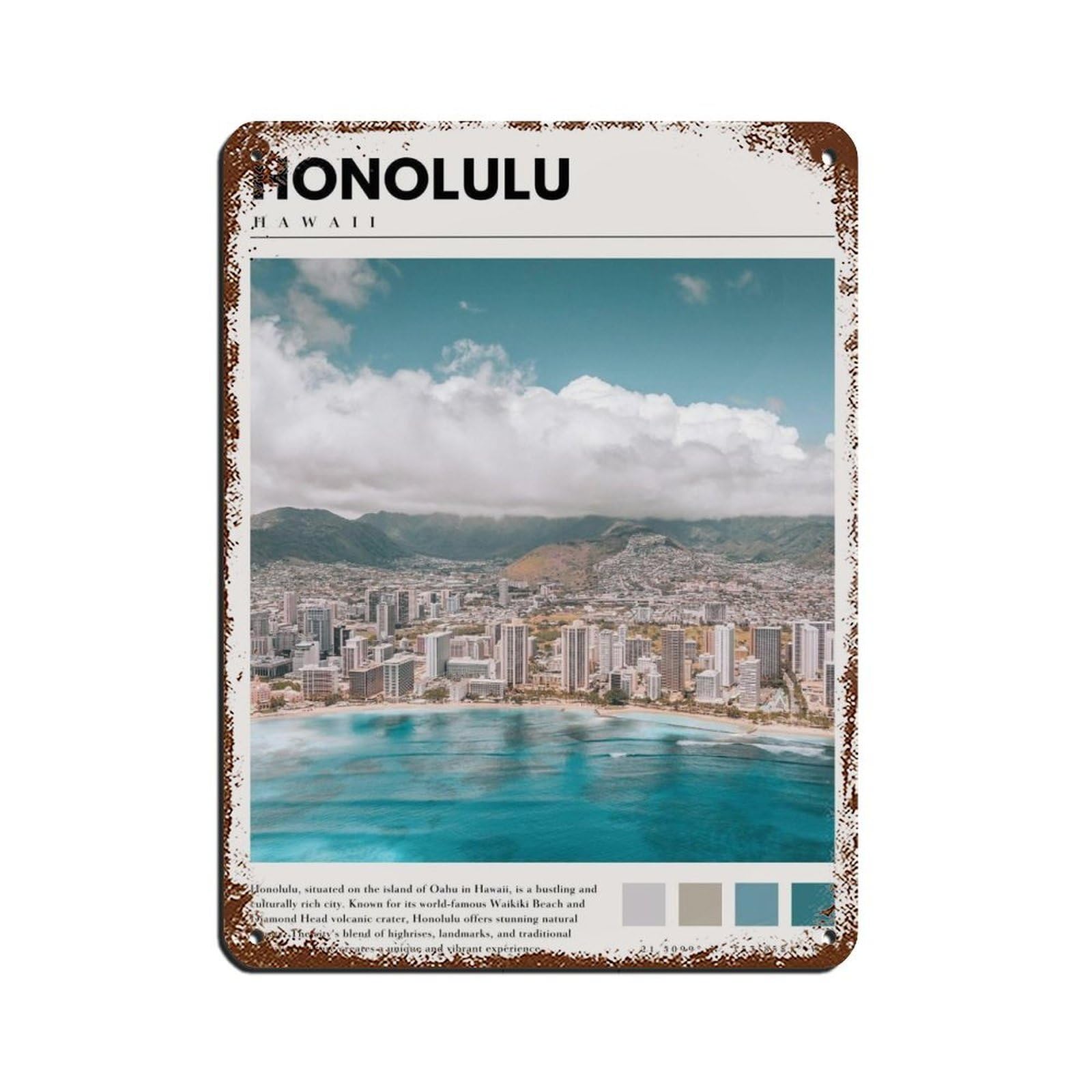 Honolulu Oahu Hawaii Poster Honolulu Hawaii Art Tin Sign Vintage Metal Pub Club Cafe Bar Home Wall Art Decoration Poster Retro 12x16inch(30x40cm)