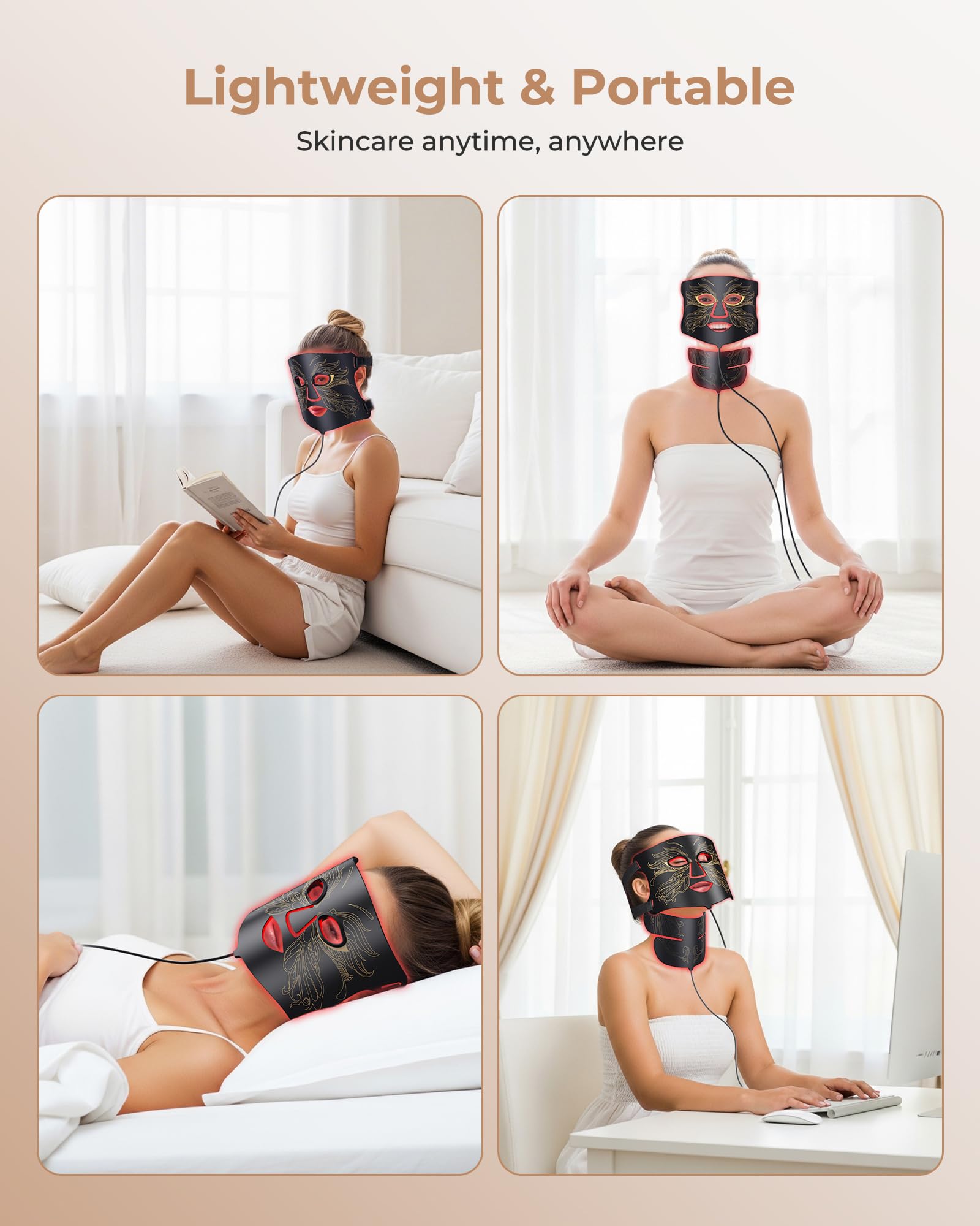 LED Light Therapy mask (E106A) Red Light Therapy for Face and Neck, 7-in-1 Colors Led Face Mask Light Therapy with 324 LED Beads, 5 Brightness Levels & 20 Mins Timer Function for Home & Travel