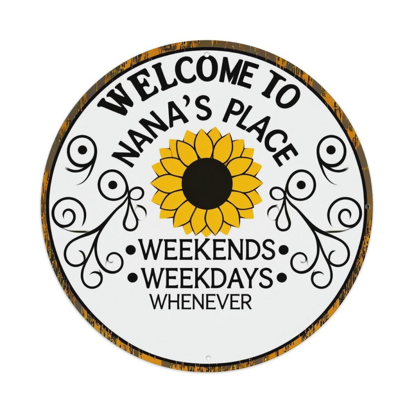 Welcome To Nana's Place Sunflower Design Retro Metal Sign Round Tin Sign, Vintage Decor Art Poster for Bar, Home, Man Cave, Kitchen, Laundry Room Gift 8x8Inch