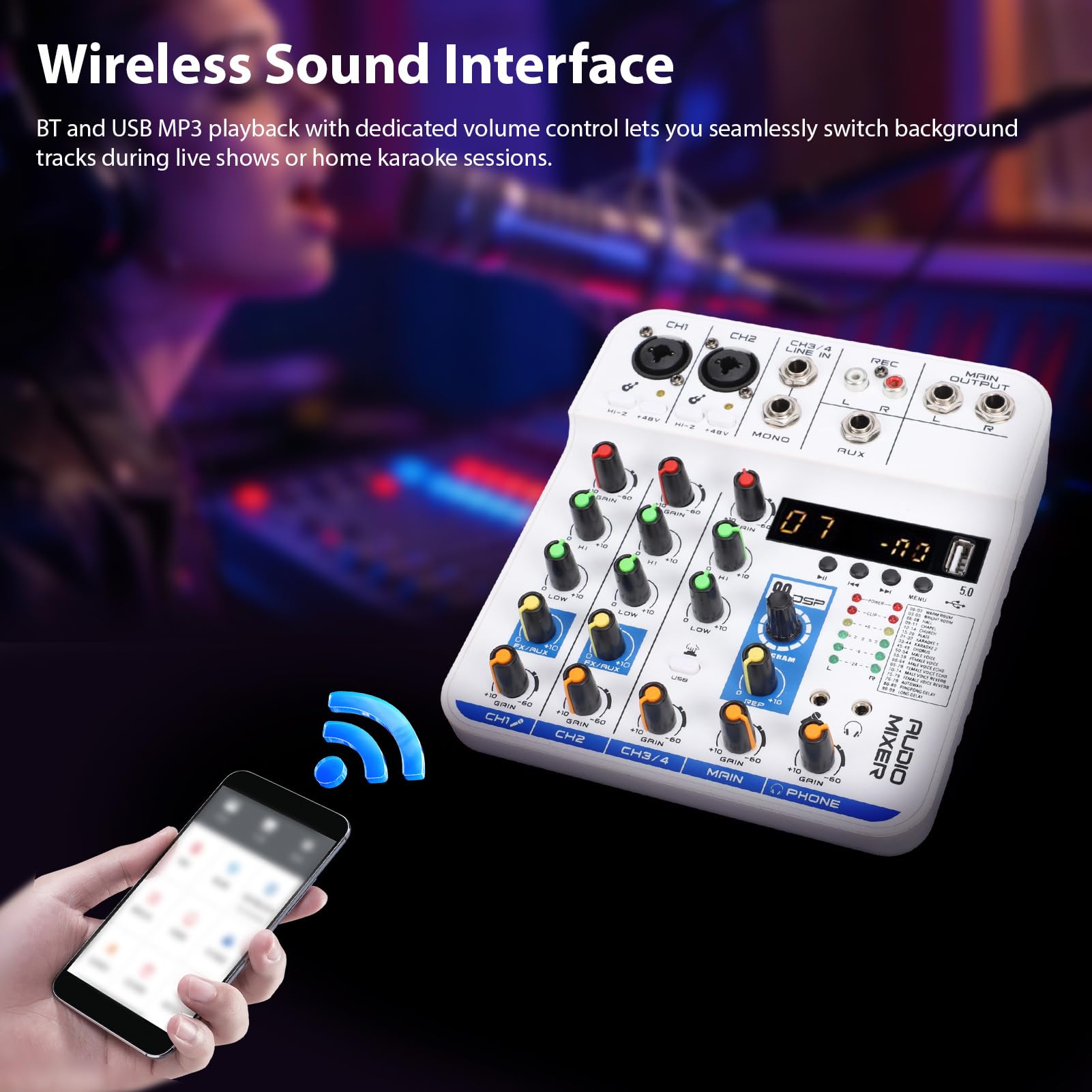 Asixxsix 4-kanałowy Mikser Audio, Cyfrowy Pogłos Bluetooth DSP, Płyta Dźwiękowa Miksera DJ z Wejściem USB MP3 XLR 6,35 Mm, 3,5 Mm i Zasilaniem Phantom 48 V, Płytka Miksera Dźwięku (WHITE)