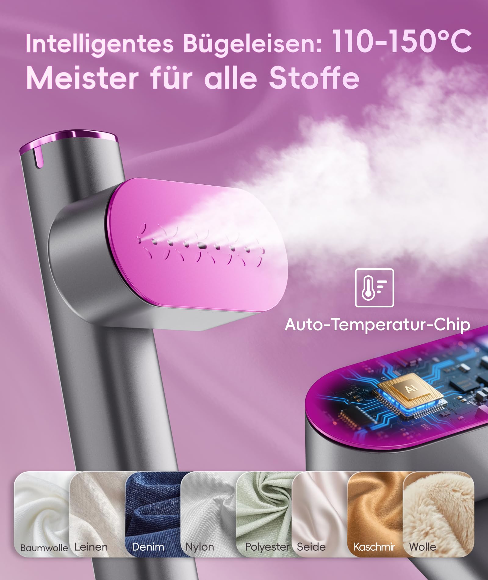 Dampfglätter für Kleidung, Handheld 100-240V Dual Voltage Travel Dampfglätter, 1000W und 120ML Wassertank Tragbarer Dampf & Bügeleisen 2 in 1 für Geschäftsreisen Zuhause, Grau