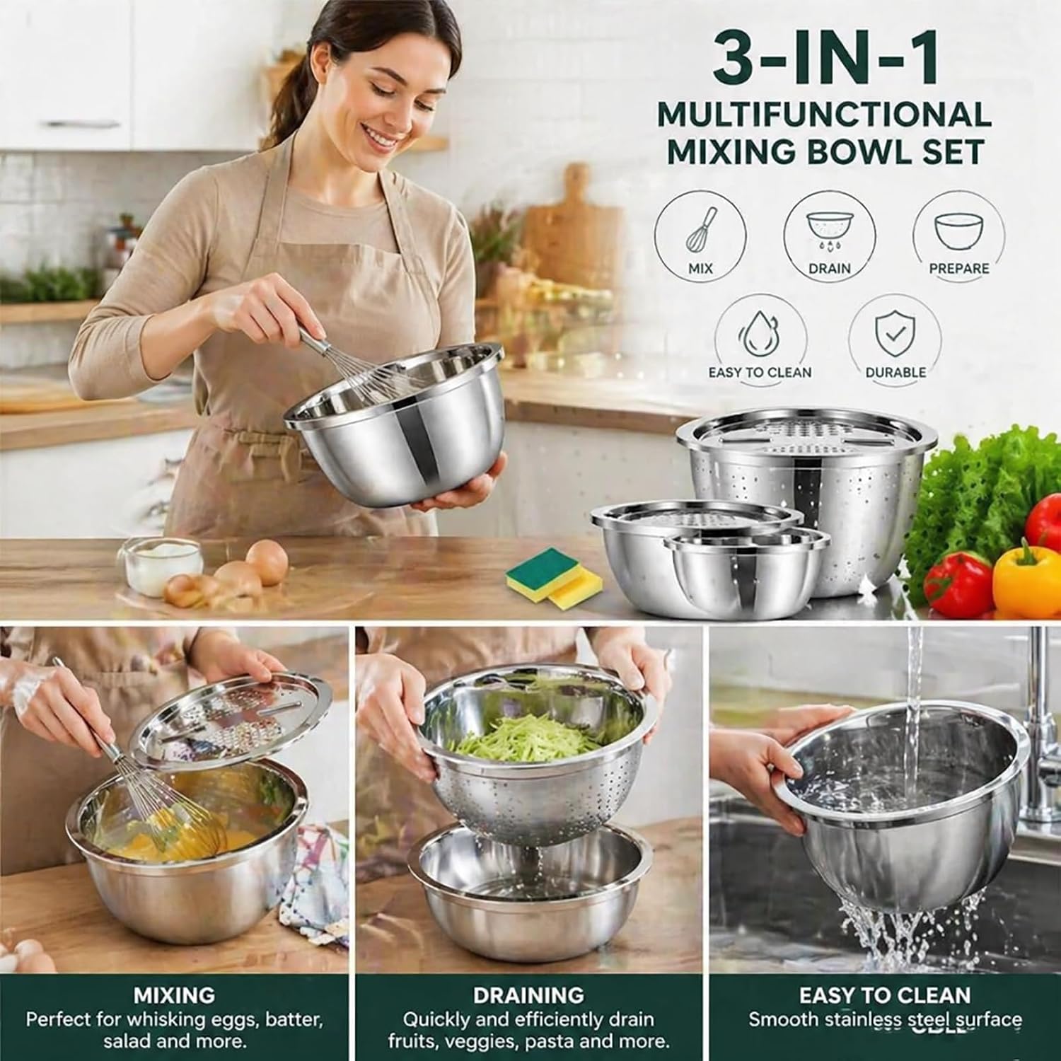 3 in 1 Stainless Steel Mixing Bowls Set - Multifunctional Colander with Grater & Vegetable Slicer, Stackable Kitchen Strainer Drain Basket for Rinsing, Washing, Mixing & Food Prep, Food Grade, 3Pcs