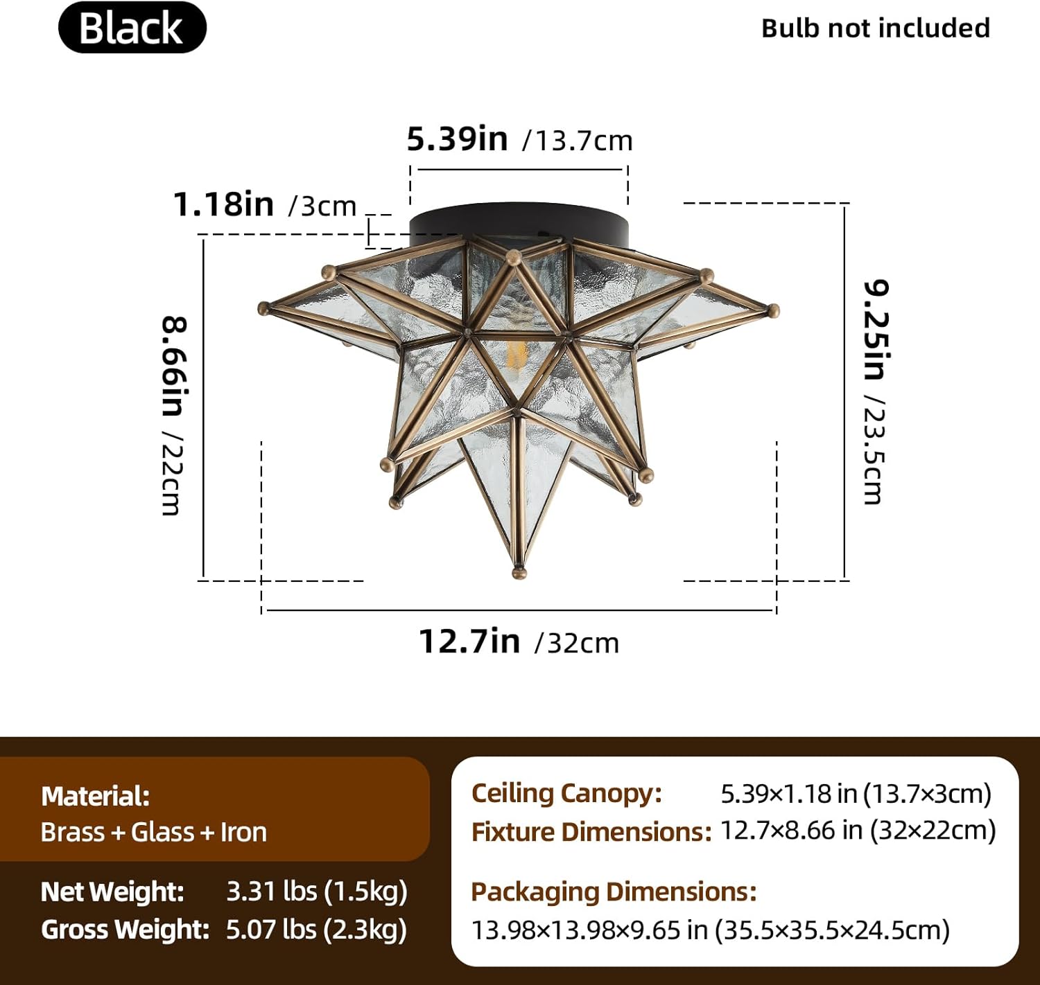 Moravian Brass Star Ceiling Light - 12.7 Inch Oil Rubbed Bronze Black Vintage Flush Mount Lighting Fixtures - Art Deco Moroccan Glass Fixture Lights for Hallway Kitchen Farmhouse Bedroom Entryway