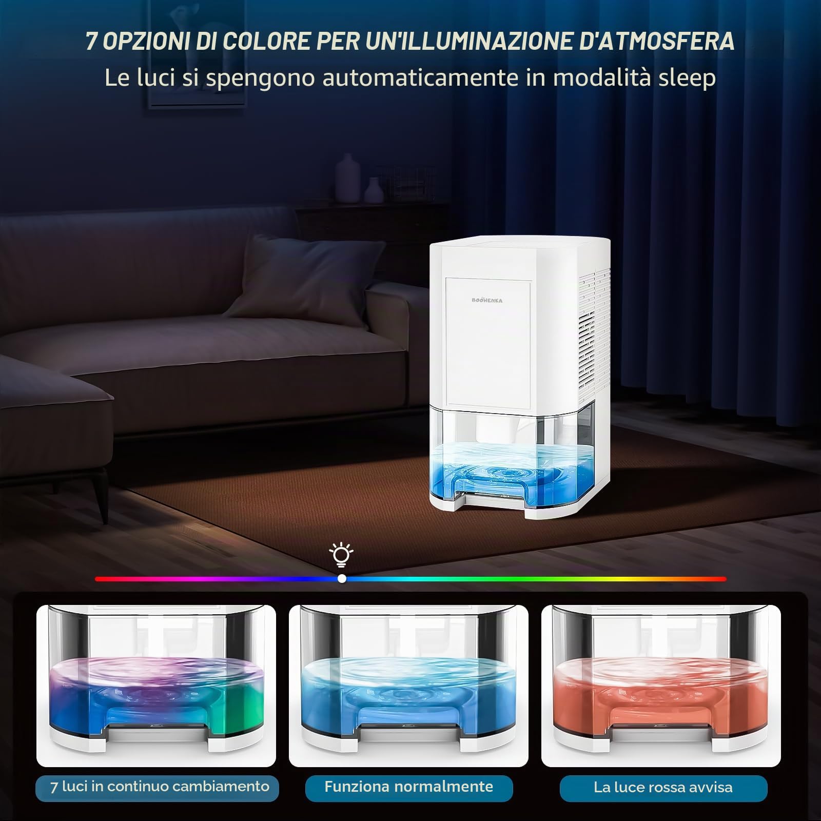 Deumidificatore elettrico, 1200 ml, deumidificatore per casa, piccolo deumidificatore, sbrinamento automatico per cantina, bagno, 7 colori, con timer, contro l'umidità, modalità notte