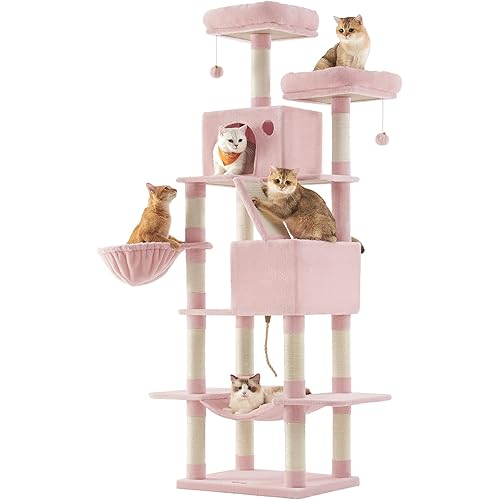 Feandrea Cat Tree, 81.1-Inch Large Cat Tower, Multi-Level Plush Condo with 13 Scratching Posts, 2 Perches, 2 Caves, Basket, Hammock, Pompoms, Jelly Pink UPCT190P01