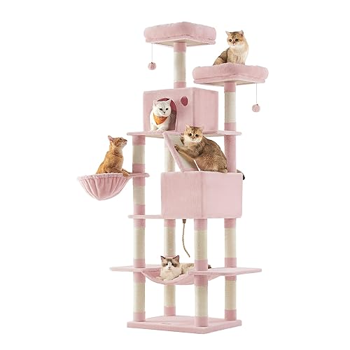 Feandrea Cat Tree, 206 cm Large Cat Tower Condo with 13 Scratching Posts, 2 Perches, 2 Caves, Basket, Hammock, Pompoms, Multi-Level Design, Jelly Pink UPCT190P01 - XXL (60L x 50W x 206H cm) - Jelly Pink
