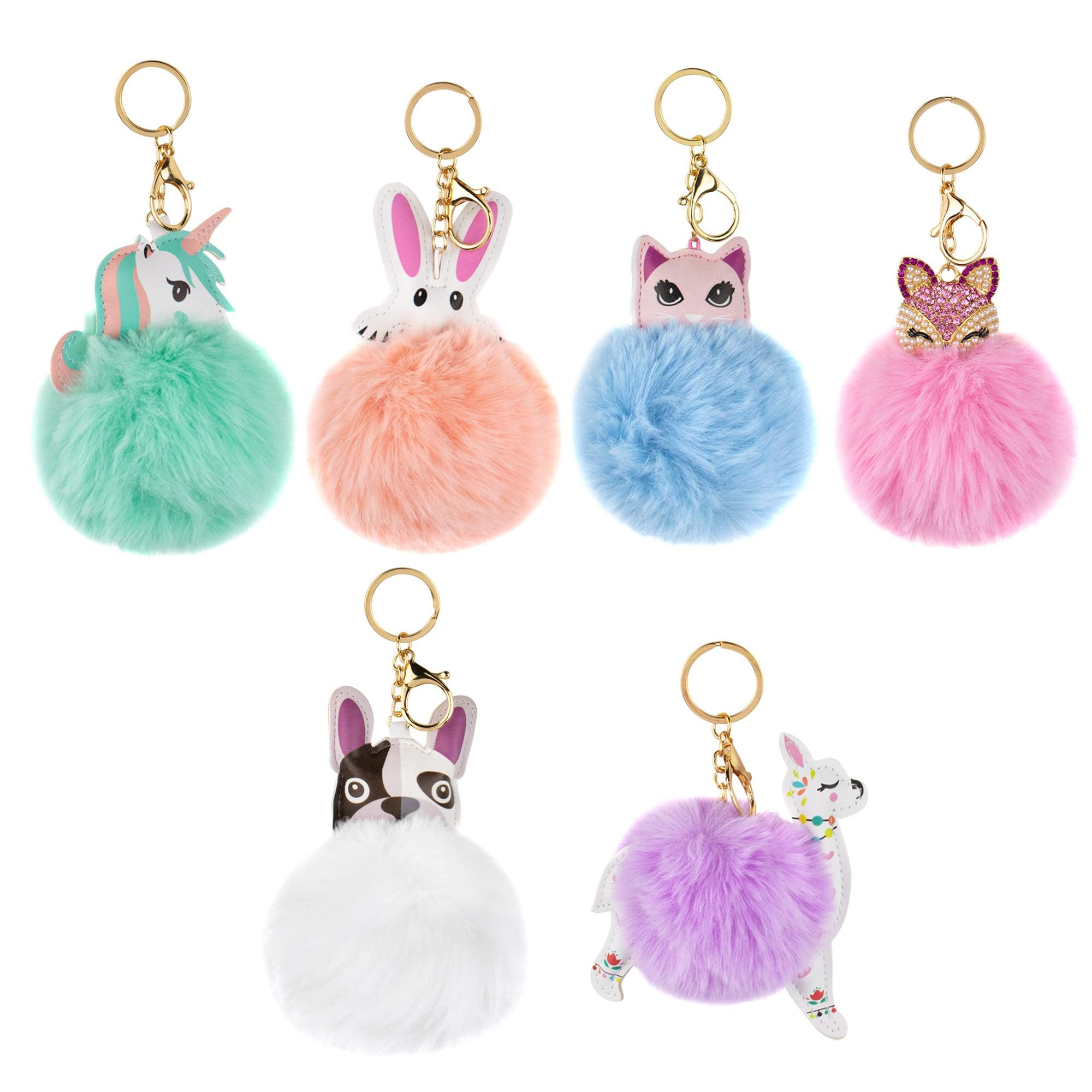 6 Pack Cute Animal Keychain Ball Fluffy Key Ring Keychains for Women Girls Bag Purse Multicolor, One Size