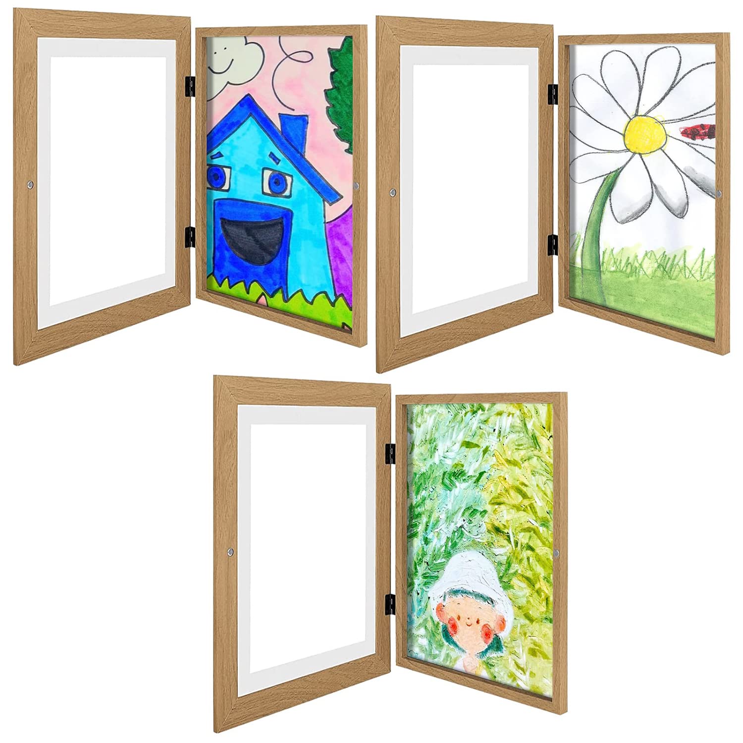 ShaoSai Wood Art Frames for Kids,Front Opening Kids Drawing Frame Holder and Storage,Changeable Kid Artwork Picture Frames with Storage,Kids School Work Keepsake Storage (Wood,3 Pieces)