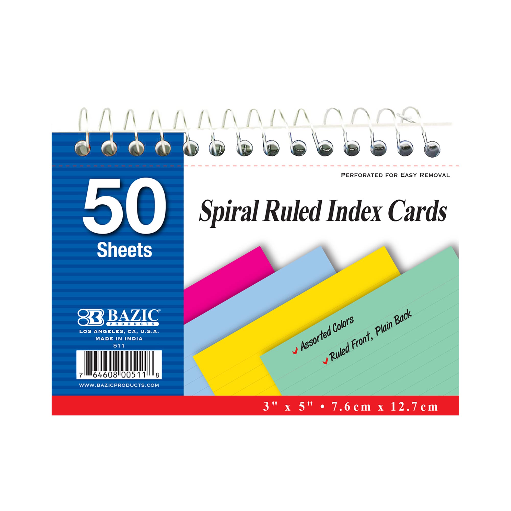 BAZIC 50 Ct. Spiral Bound 3" X 5" Ruled Colored Index Card