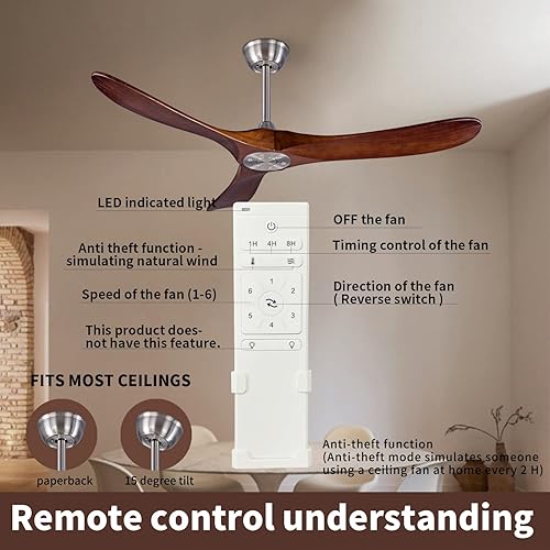 Miniatura 6 de Ventilador de techo de madera para interiores y exteriores de 52 pulgadas, ventilador de techo CC de 3 aspas con control remoto, 2 varillas