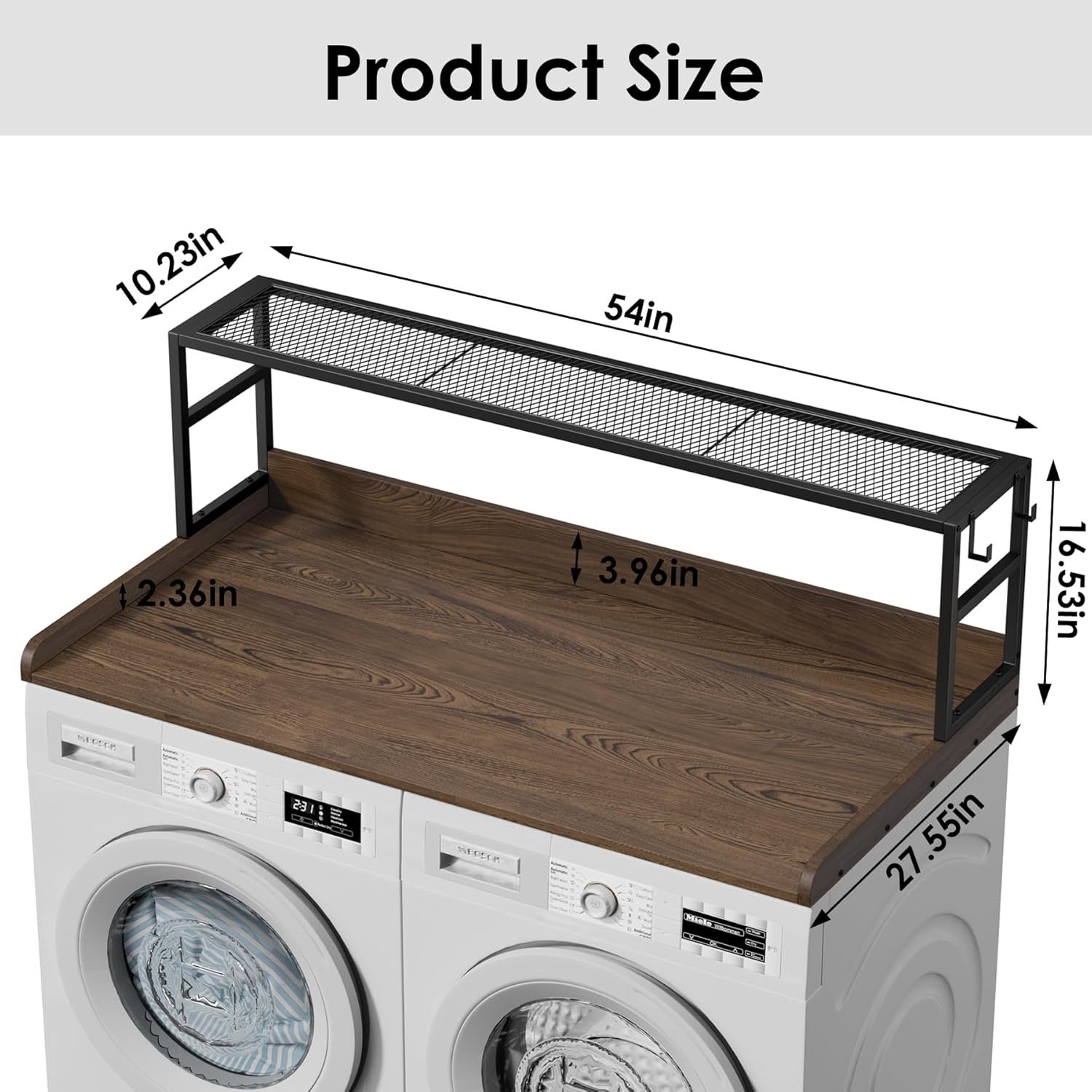 Washer Dryer Countertop with Shelf, Laundry Room Wood Topper with Edge, 27.5" x 54" Washer Dryer Cover for Top Laundry Room Storage and Organization (Walnut-Shelf)