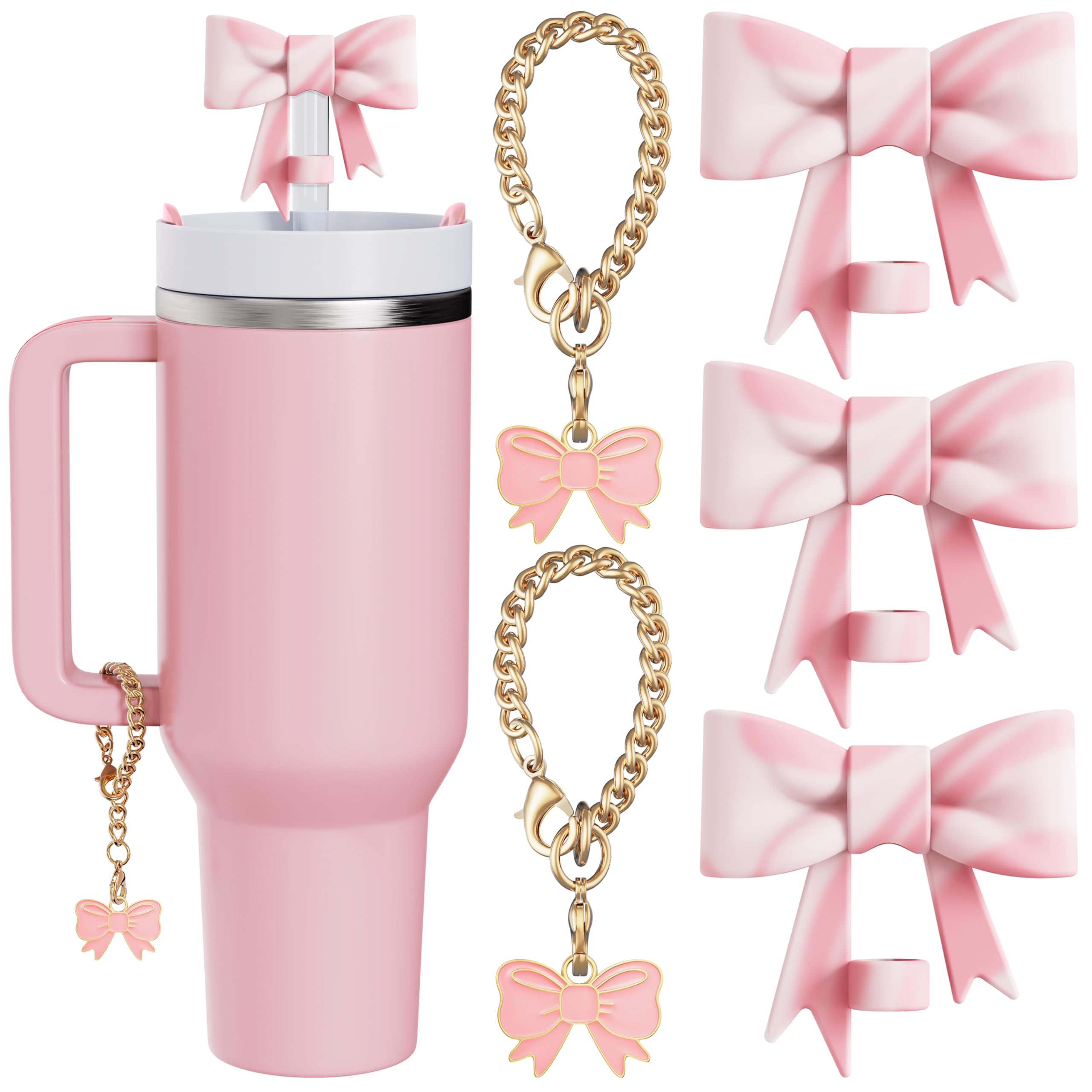 Compatible with Stanley Cup Accessories - 3Pcs 10mm Bow Straw Topper Compatible with Stanley Cup Straw Cover Cap, 2pcs Pink White Bow Charms for Stanley 30&40 Oz Tumbler with Handle