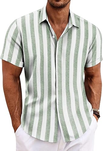 Miniatura 10 de COOFANDY Camisas de lino para hombre de manga corta, camisas casuales con botones para hombre, camisa de playa de verano, camisa para boda