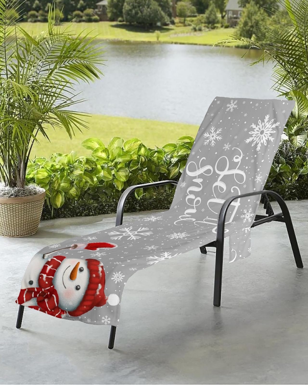Christmas Snowman Beach Chair Towel Covers for Chaise Lounge with Side Pocket, Soft Plush Pool Towels Cover for Patio Sunbathing Outdoor 29''x85'' Winter Red Snowflake Grey
