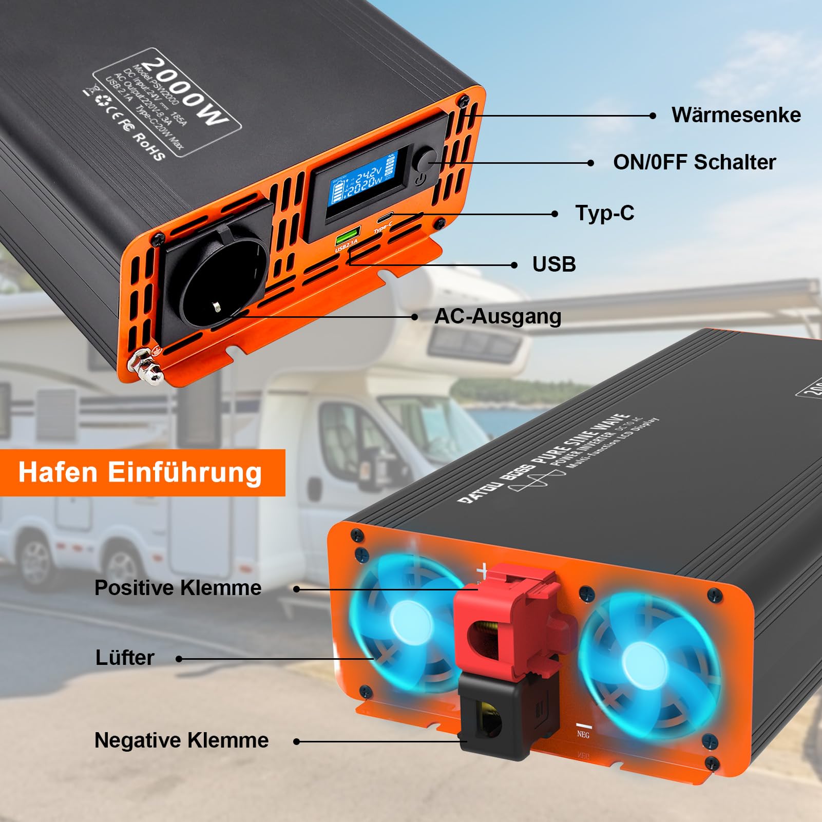 DATOUBOSS Wechselrichter 24V DC auf 230V AC Reiner Sinus 2000W/4000W, Spannungswandler 24V 230V LCD-Display und 1x USB + 1x Type-c Spannungswandler Reiner Sinus Inverter Pure Sine Wave