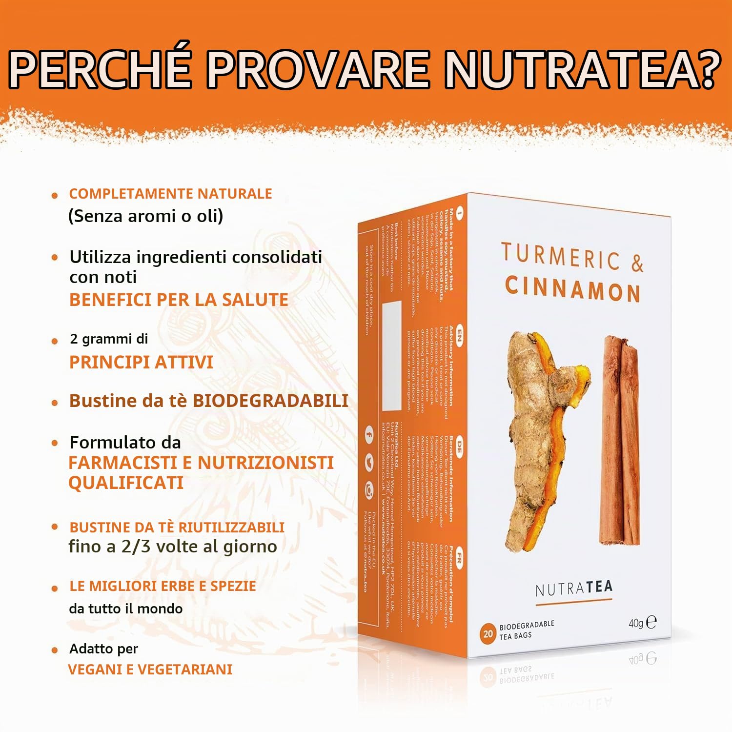 Nutra Tea Tisana Curcuma e Cannella - 20 Bustine Riutilizzabili