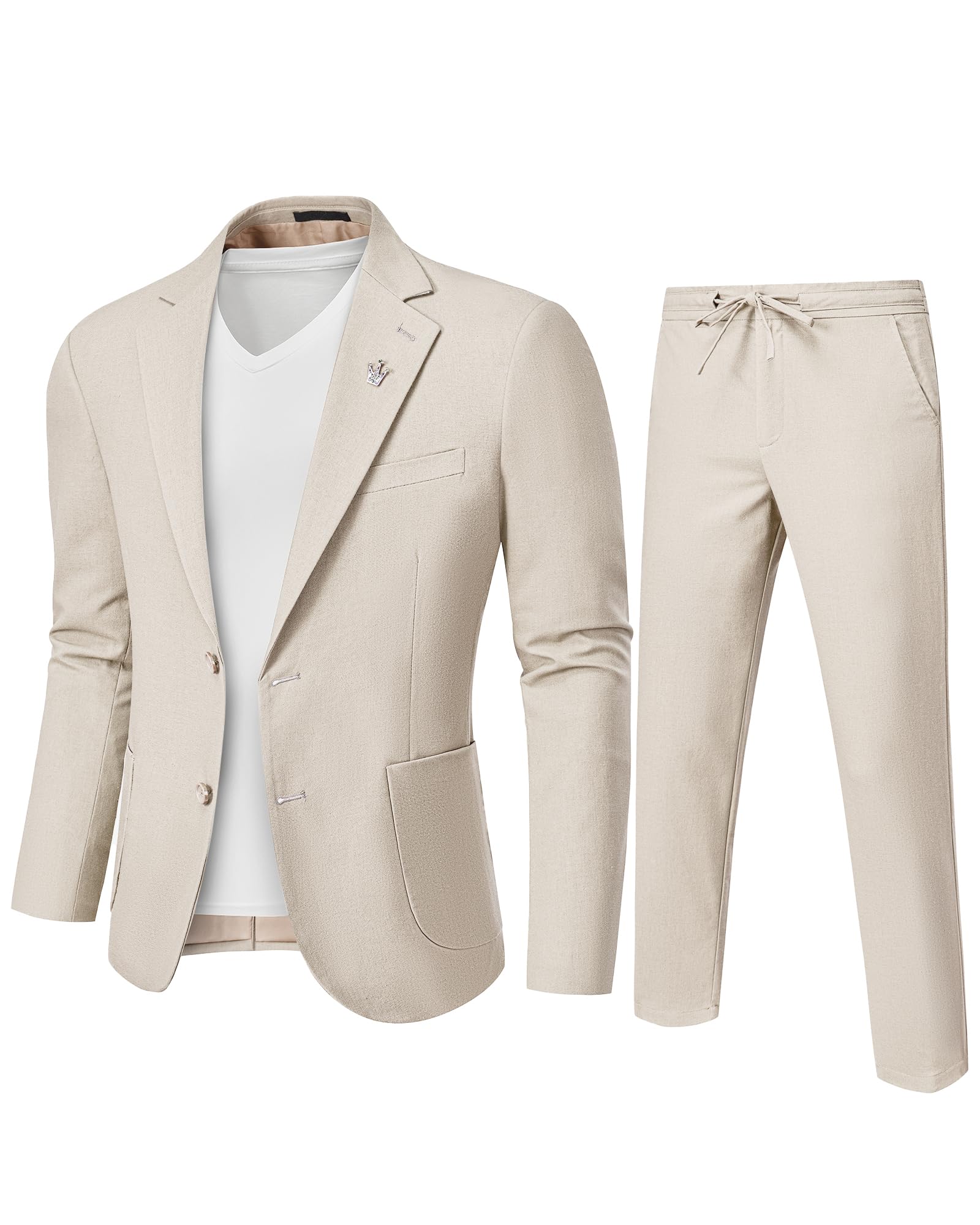 MrSure Men's 2-Piece Regular Fit Linen Suit, Two Buttons Lightweight Jacket and Pants for Prom, Beach Wedding, Casual, Summer