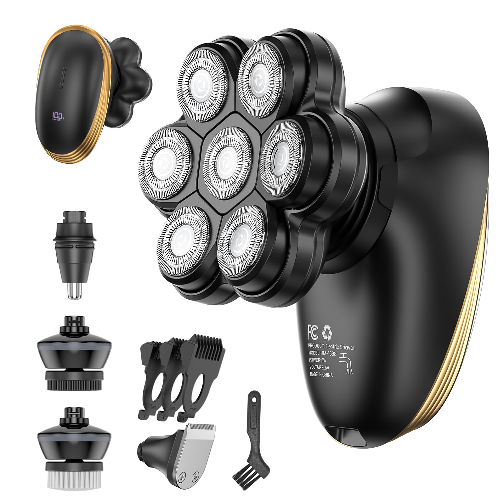 Head Shaver for Bald Men, Electric Shaver 7D Floating Magnetic Head Shaver, 5 in 1 Waterproof Electric Razor for Men IPX7 Wet Dry Beard Trimmer Type-C Fast Charge LED (Black)