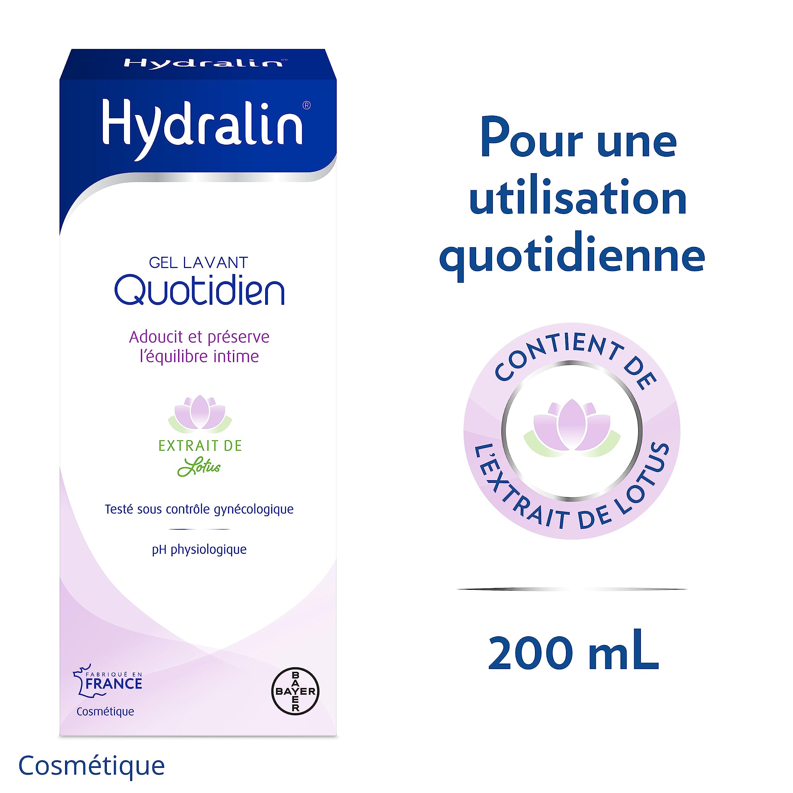 Hydralin Quotidien Gel lavant intime quotidien - Cosmétique - Adoucit et préserve l'équilibre intime - Extrait de lotus - Testé sous contrôle gynécologique - pH physiologique- 3x200ml