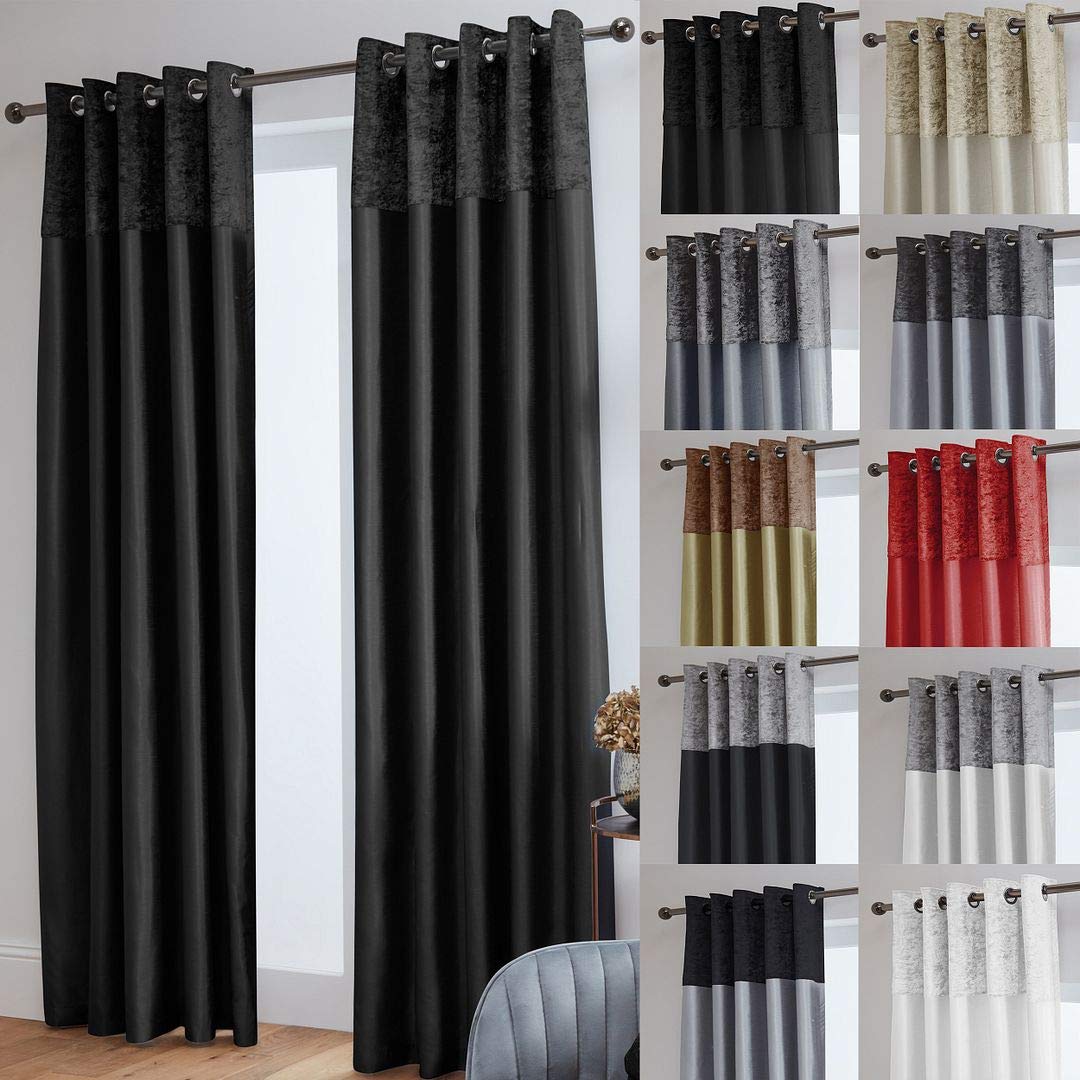 John Aird Crushed Velvet Band Faux Silk Eyelet Curtains (Black, 46" Wide x 54" Drop) โ image 1