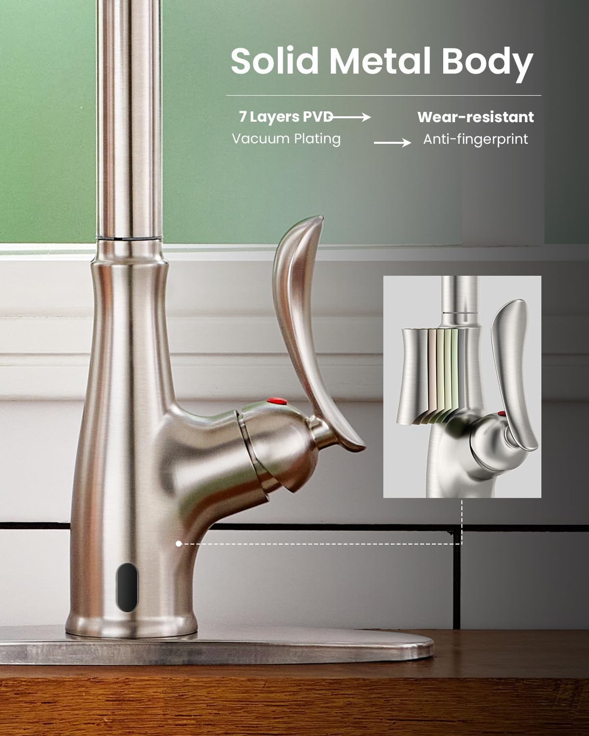 APPASO Robinet de cuisine sans contact avec pulvérisateur extractible, détecteur de mouvement, robinets d'évier de cuisine mains libres, nickel brossé, compatible avec 1 ou 3 trous, pulvérisateur à 3