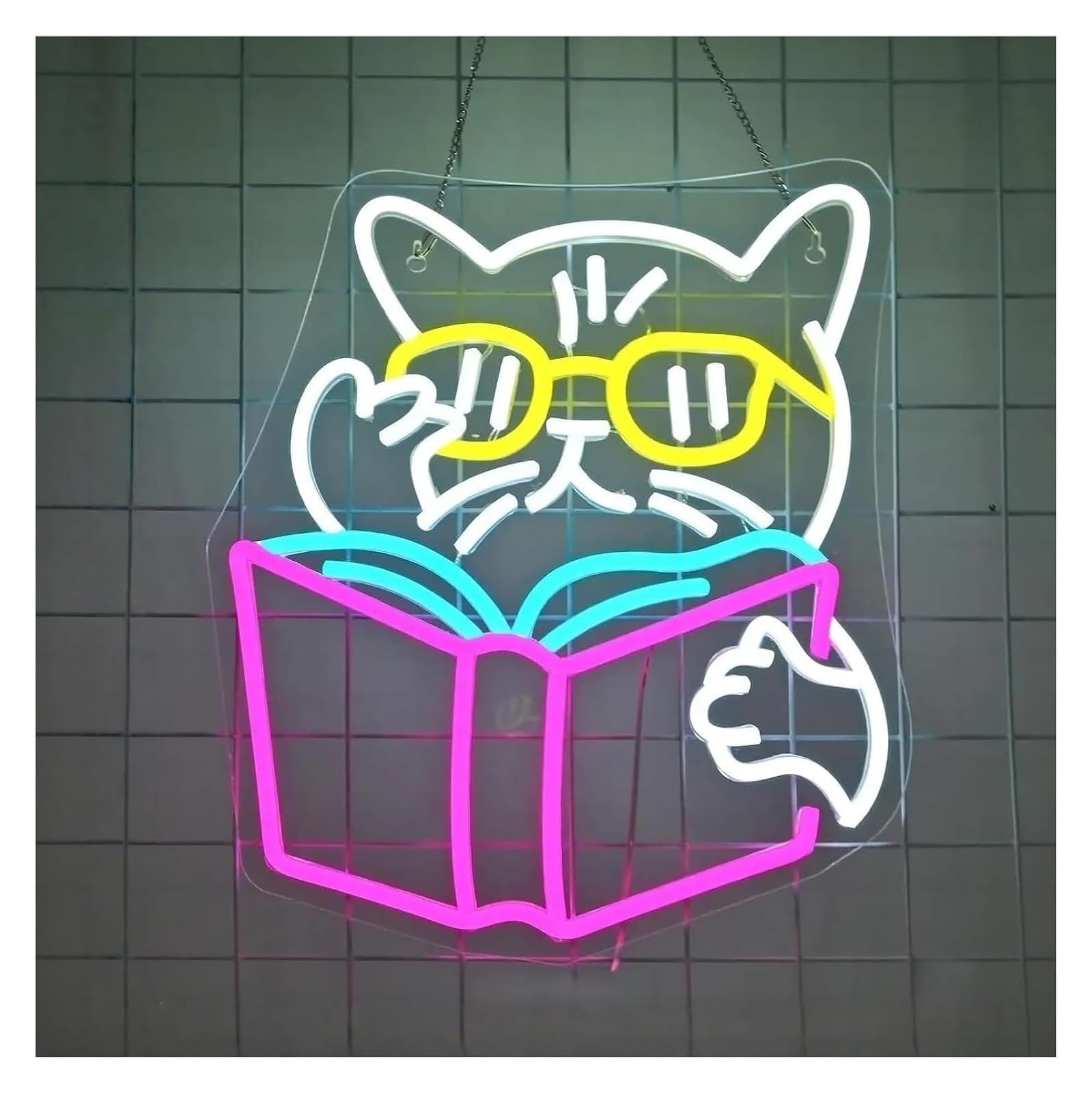 Generico Insegna al neon con gatto che legge un libro, luce dimmerabile per biblioteca, aula, 32 cm x 37