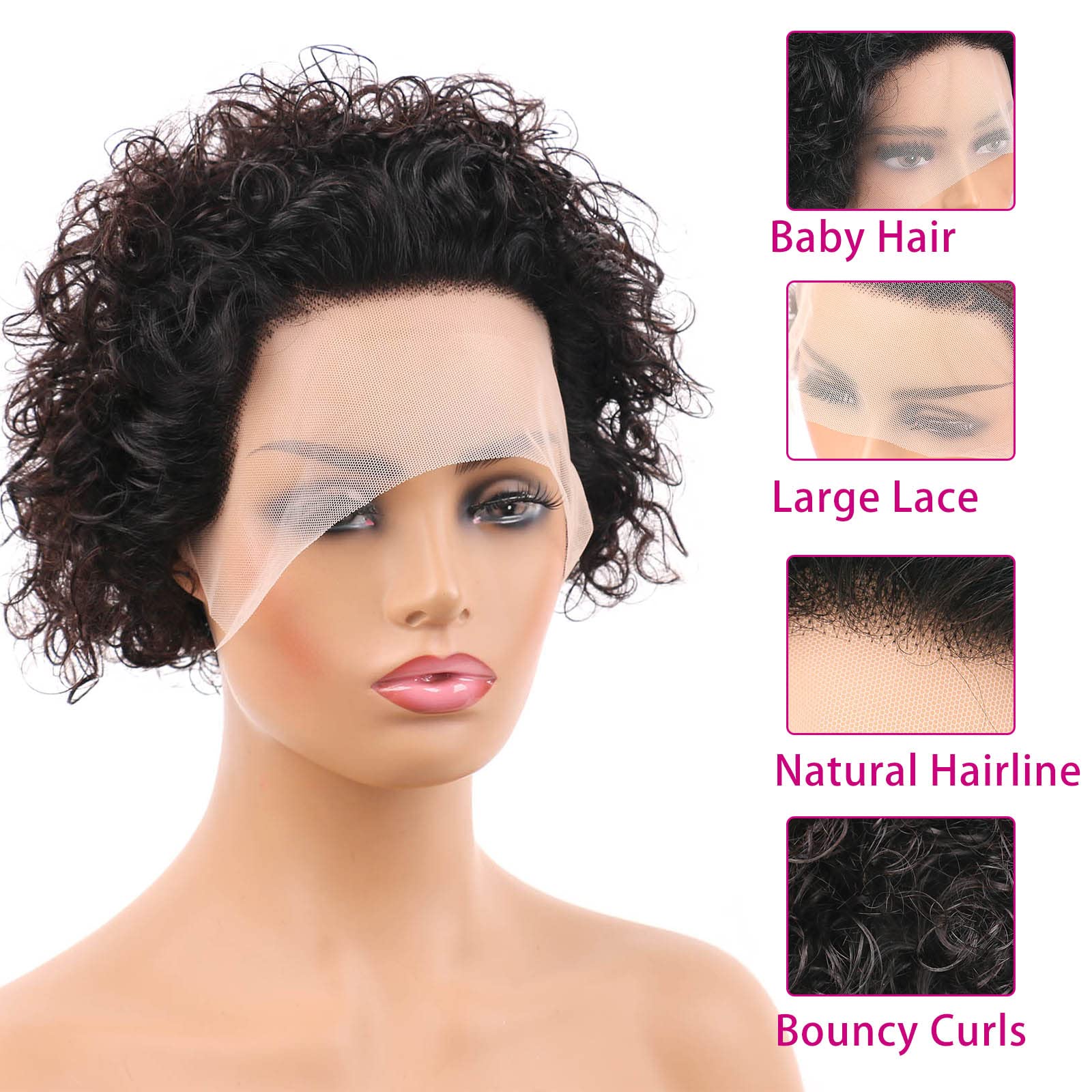 Huarisi Short Pixie Cut Curly Wigs for Black Women Human Hair 6 Inch 13x1 Transparent Lace Front Wig Remy Brazilian Hair Natural Color No Bangs Bouncy Curls