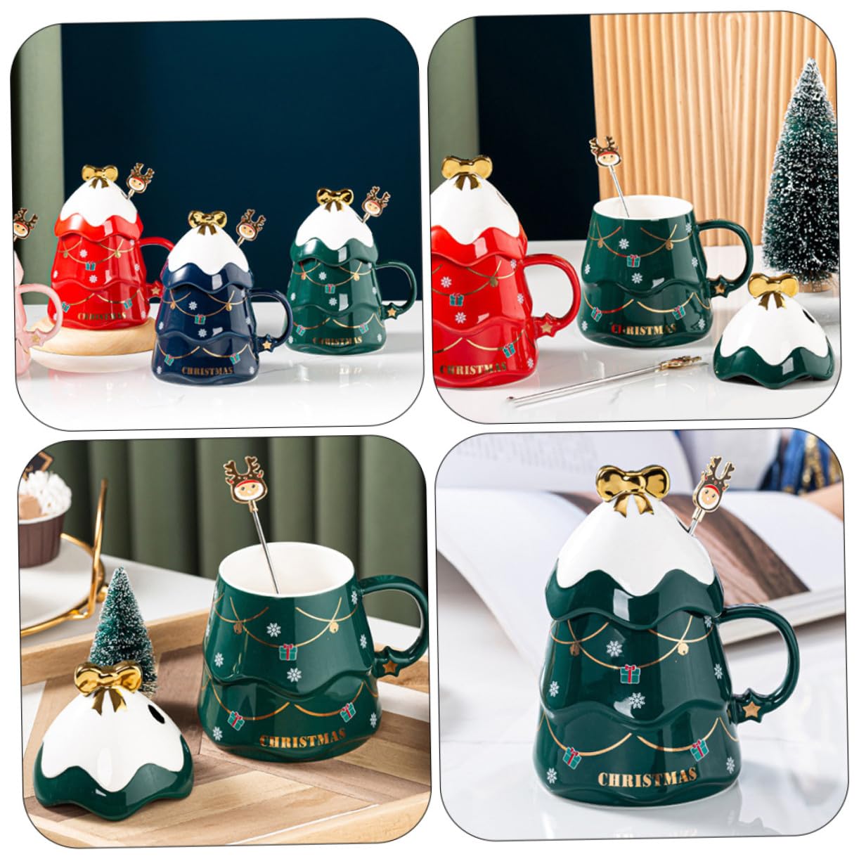 Taza de Cerámica Creativa Forma de Árbol de Navidad, Capacidad 500ml, Tapa y Cuchara para Café en Casa u Oficina