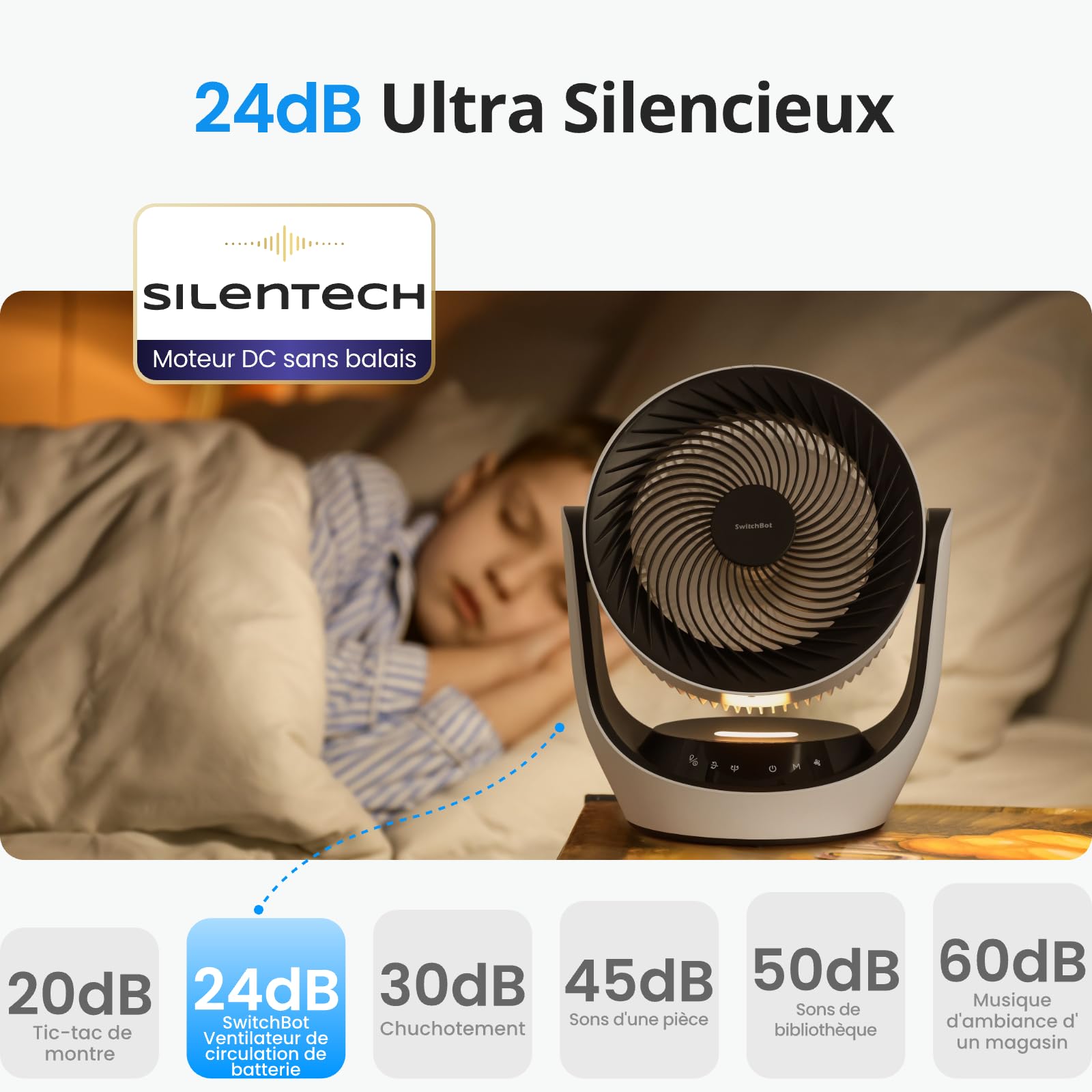 SwitchBot Ventilateur de Circulation de Batterie, USB，24dB Silencieux pour la Chambre, Compatible avec Alexa/Google/Siri (Hub requis), 4 Modes, Minuterie de 9h, à batterie économe en énergie