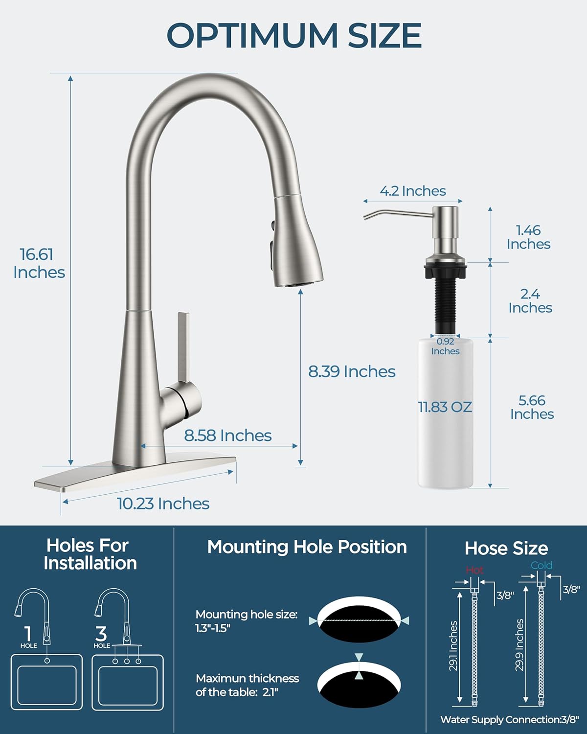 FORIOUS Kitchen Faucet with Soap Dispenser, Pull Down Sprayer, Brushed Nickel Modern High Arc Stainless Steel Faucet for Kitchen Sink, Single Handle for 1 or 3 Hole Decks RV Bar Farmhouse Laundry