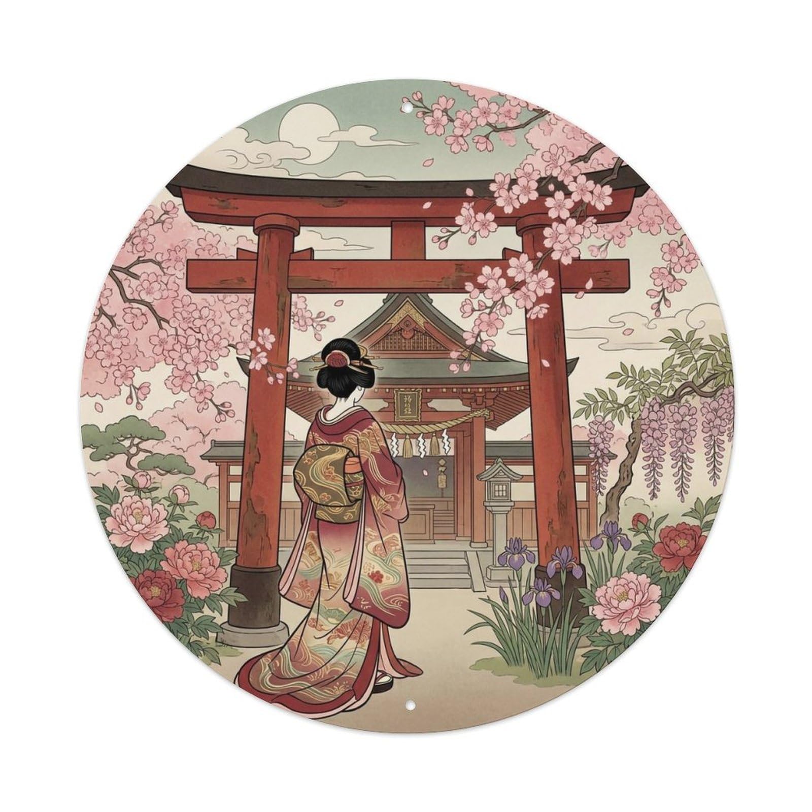 Japanese Geisha Red Torii Gate Cherry Blossoms Metal Tin Sign