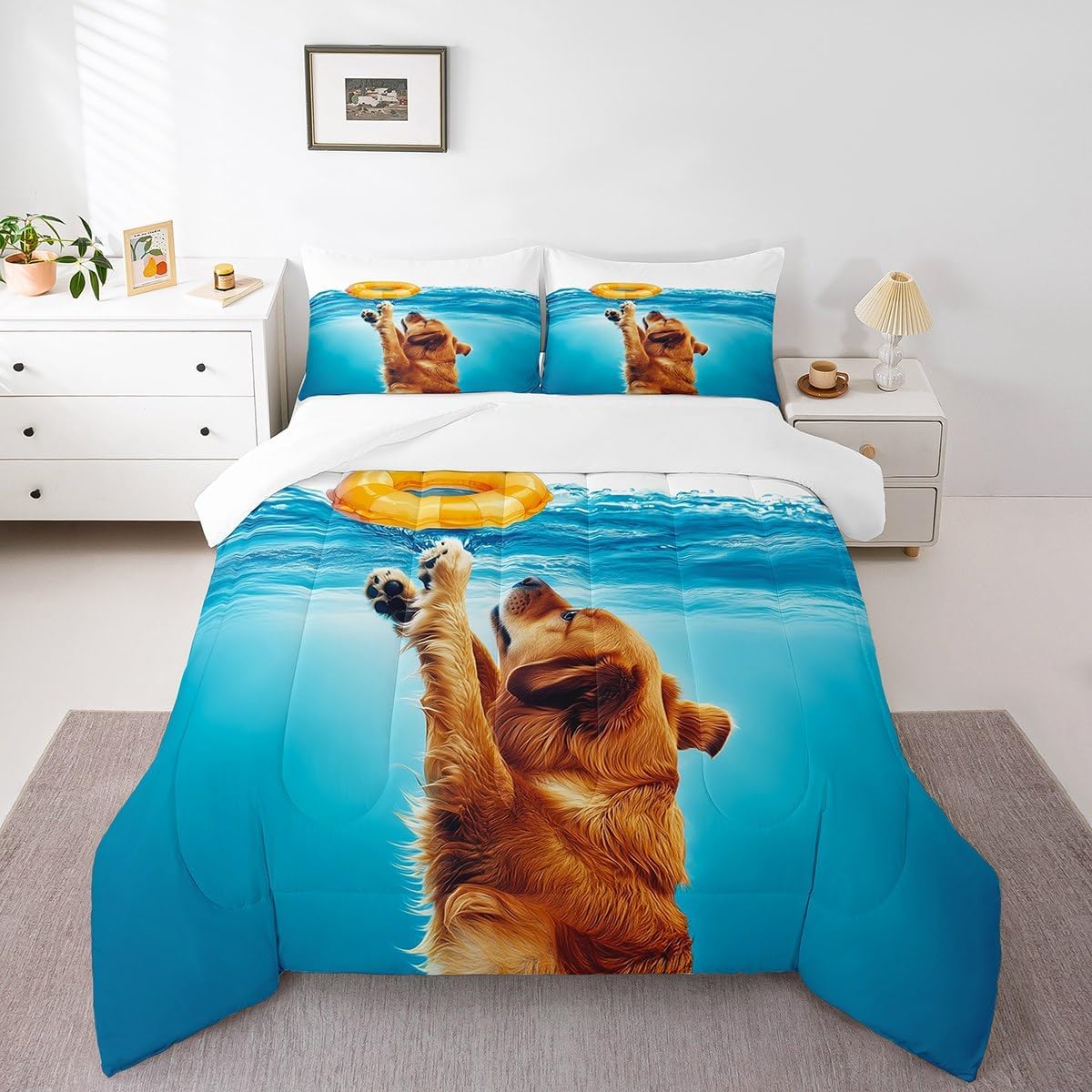 jejeloiu Crab Comforter Set Twin Size Fish Scales Print Bedding Set Kids Boys Girls Summer Ocean Sea Marine Creature Sealife Animal Comforter Geometric Stripes Quilt Set