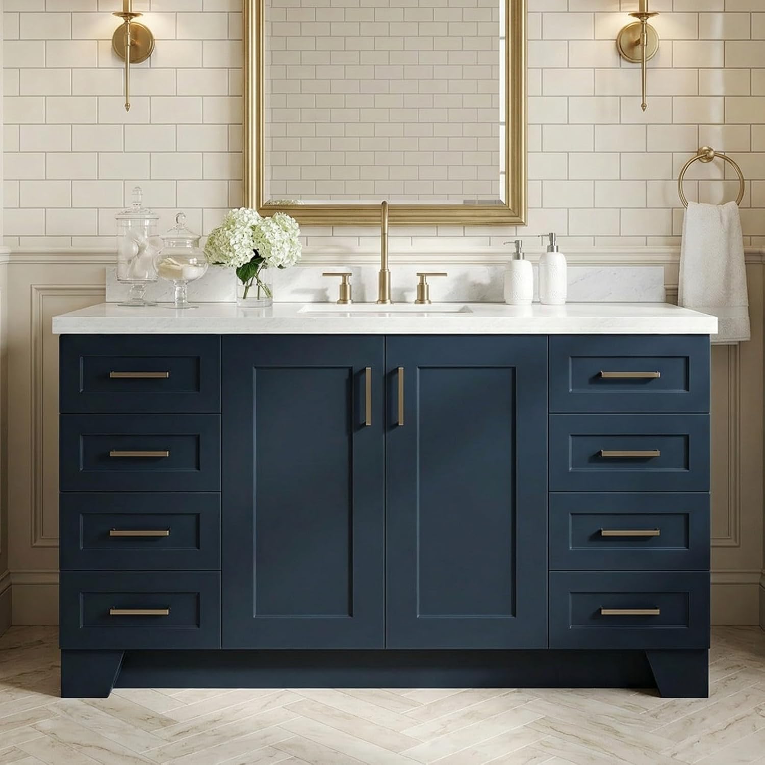 DKB Emilia 60 Inch Bathroom Vanity Single Sink — Midnight Blue Bathroom Vanity with Sink, 1.5" Edge Italian Carrara Marble Countertop, Solid Wood, 2 Soft-Close Doors, 9 Dovetail Drawers