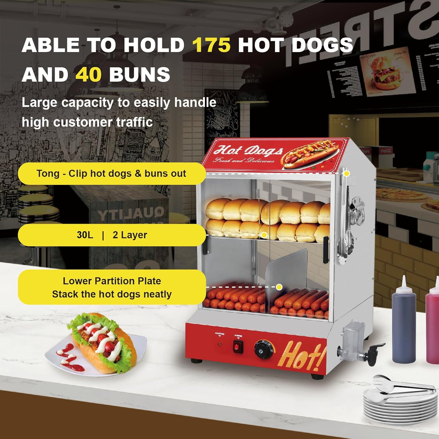 Hot Dog Steamer Machine, 31.7QT/30L, 2-Tier Electric Hot Dog Steamer with Bun Warmer, Adjustable Temperature, Hot Dog Hut Steamer with Visible Glass Sliding Door, 175 Hot Dogs & 40 Buns Capacity