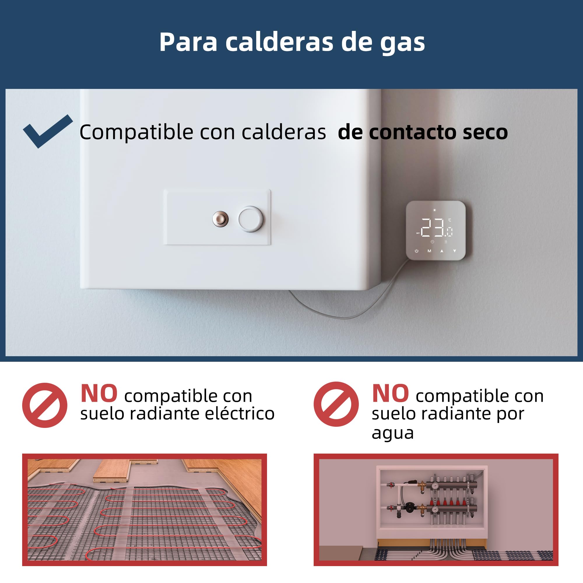 Termostato para calderas de Gas, Alimentado por Pilas, con Pantalla táctil. Termostato de Pilas de Dos Cables.Blanco 3A R3W