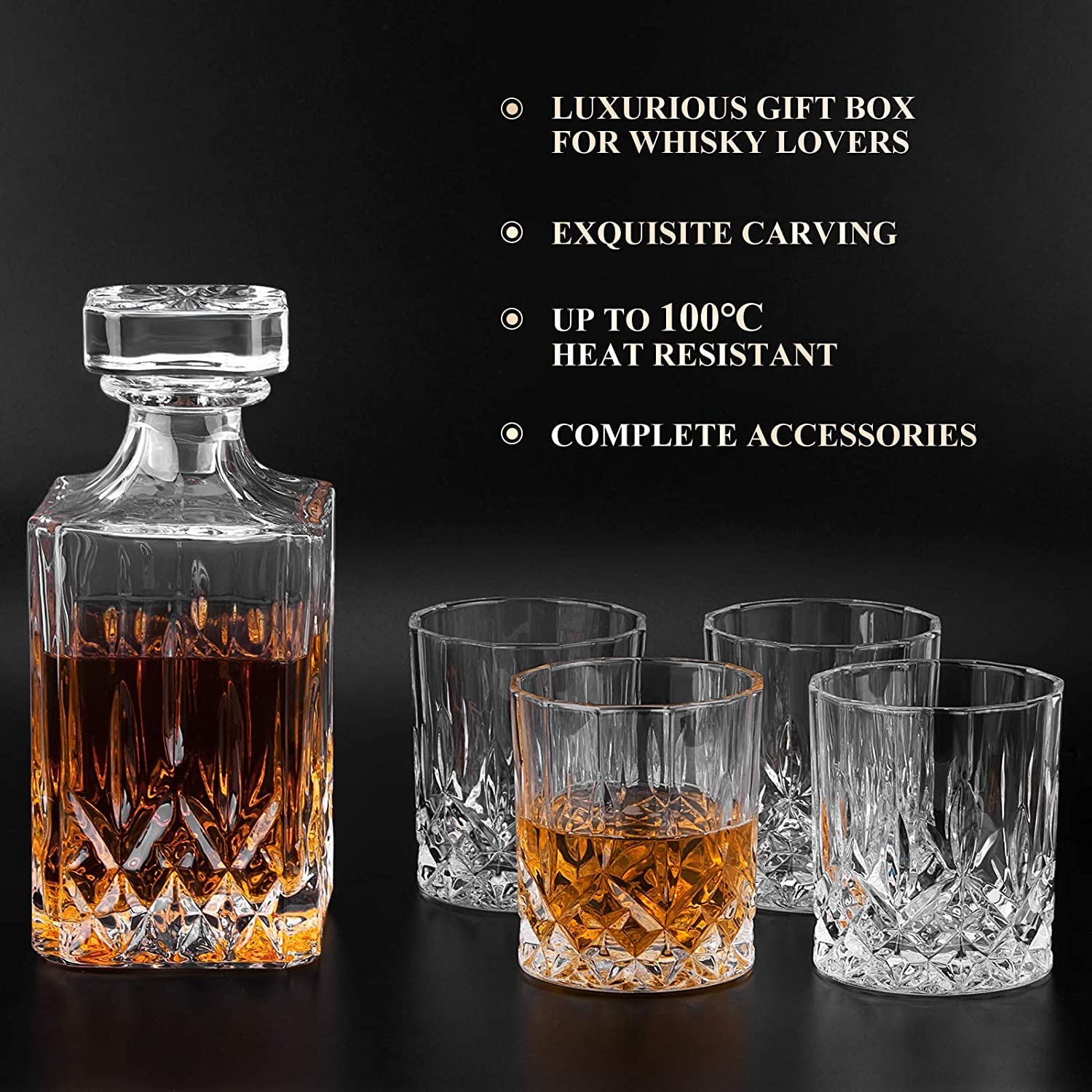 BINZO 7 Pc Decanter Set with Glass Tumblers, Opera Design Decanters for Whisky, Whiskey, Alcohol, Rum, Scotch, Liquor, (750 ml Decanter & 300 ml Tumblers) Clear 4