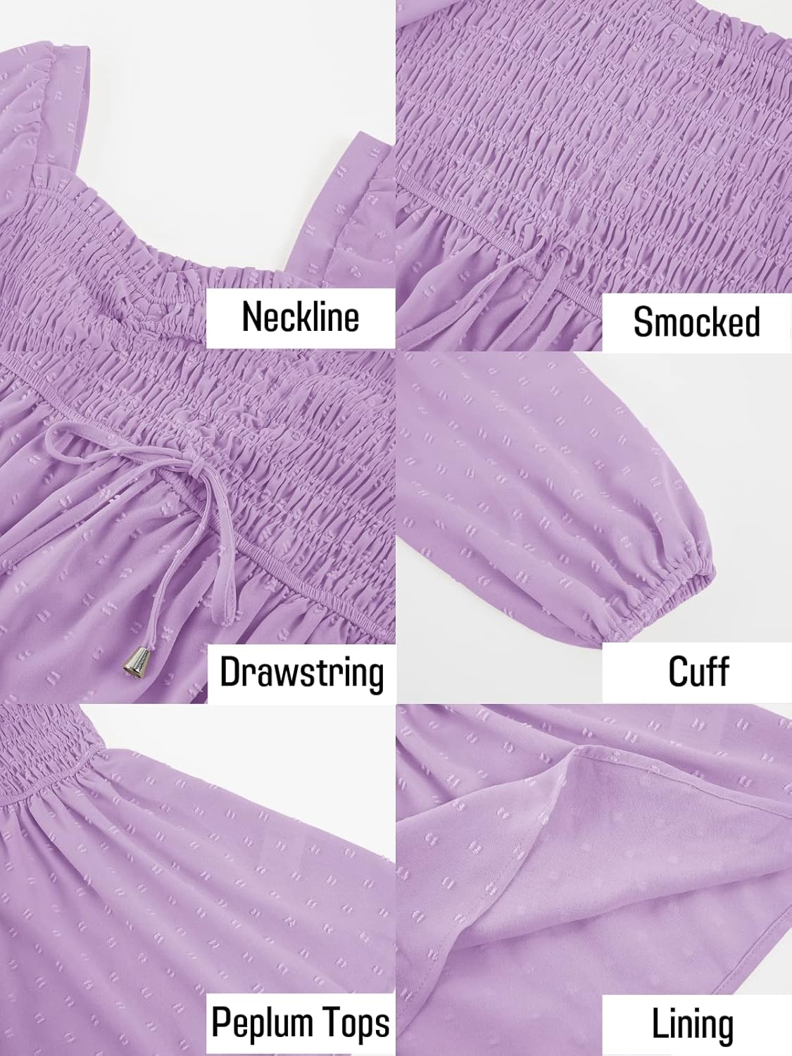 Imysty Women's V Neck Smocked Peplum Tops Balloon Long Sleeve Blouses Shirt Purple - Image 4