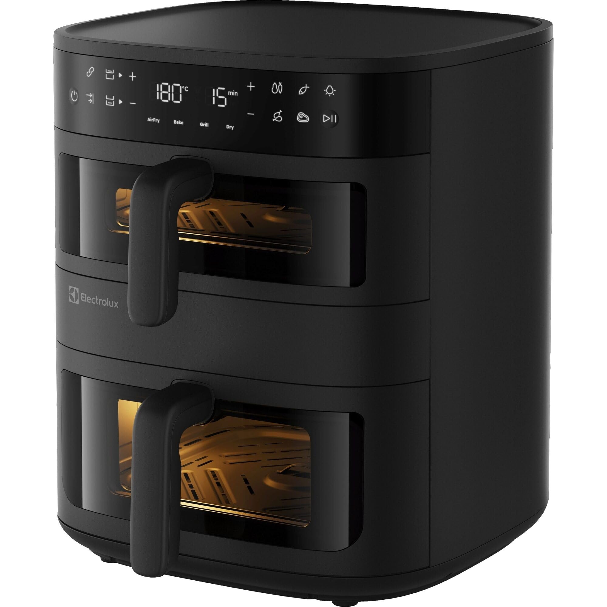 Electrolux Air Fryer 800 EAFD11B, 11L, Double Tiroir Dual Zone, Sync Finish & Link Cook, Design Vertical Gain de Place avec Fenêtres, 8 Programmes, 60–200°C, 2700W, Compatible Lave-Vaisselle, Noir