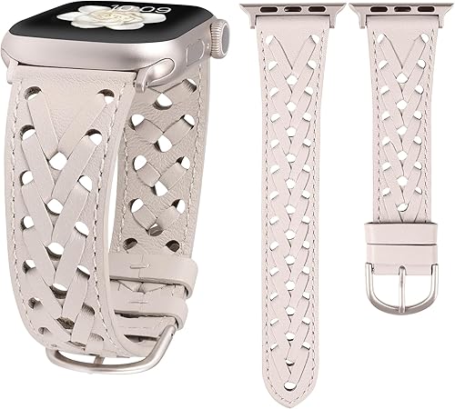 Miniatura 12 de Wearlizer Correa de cuero compatible con Apple Watch Band de 41/40/38/44/45/46/49/1.654 in para mujeres y hombres, correa trenzada ahuecada
