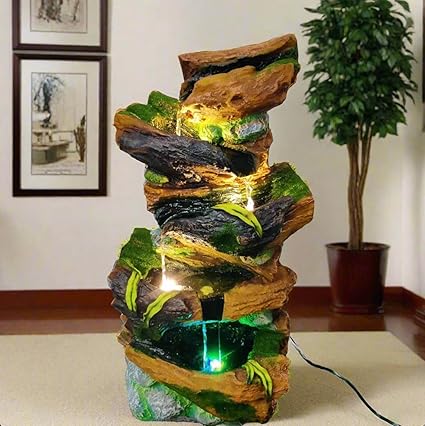 ALILA Polyresin Nature Water Fall Fountain For Home Office Hotel Living Room Decor With Led Lights Decoration Indoor Outdoor,23 Inches / 58Cm Multicolour