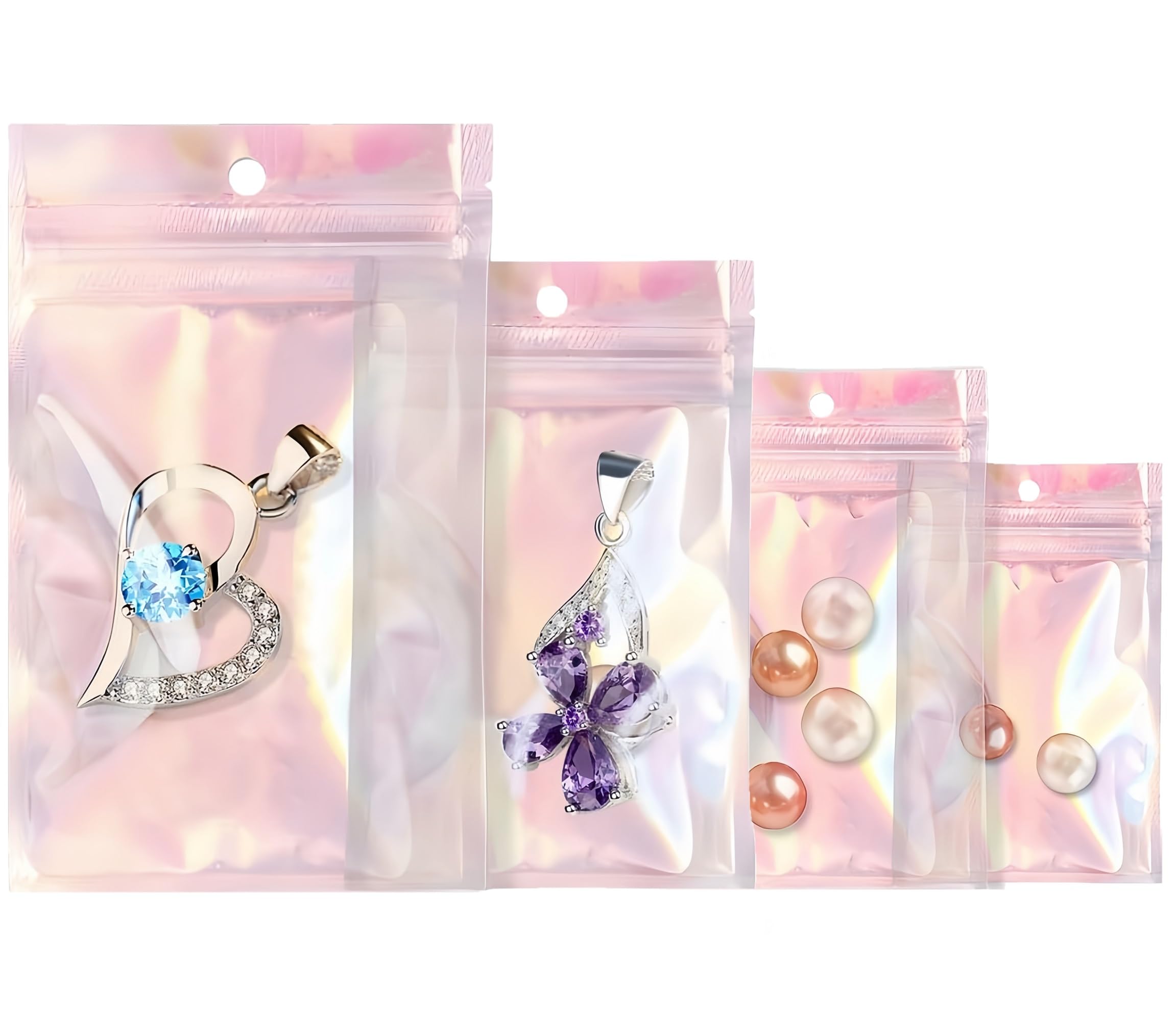 Rimiko 50 Pcs Holographic Clear Sample Bags, Resealable Colorful Ziplock Bags with Hanging Hole, Reusable Zip Pouches for Sample Packaging, Retail, Items and Food Storage (Iridescent, 4.7"x 7.9")