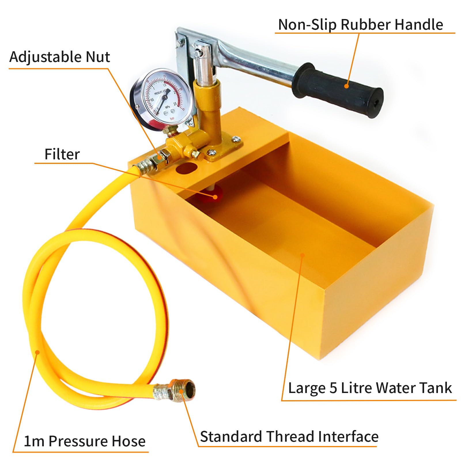 5 Liters 0-25 Bar Manual Test Pump with 1m Hose, 25KG Filling Pump Set including Single Valve and Pressure Gauge - Image 4