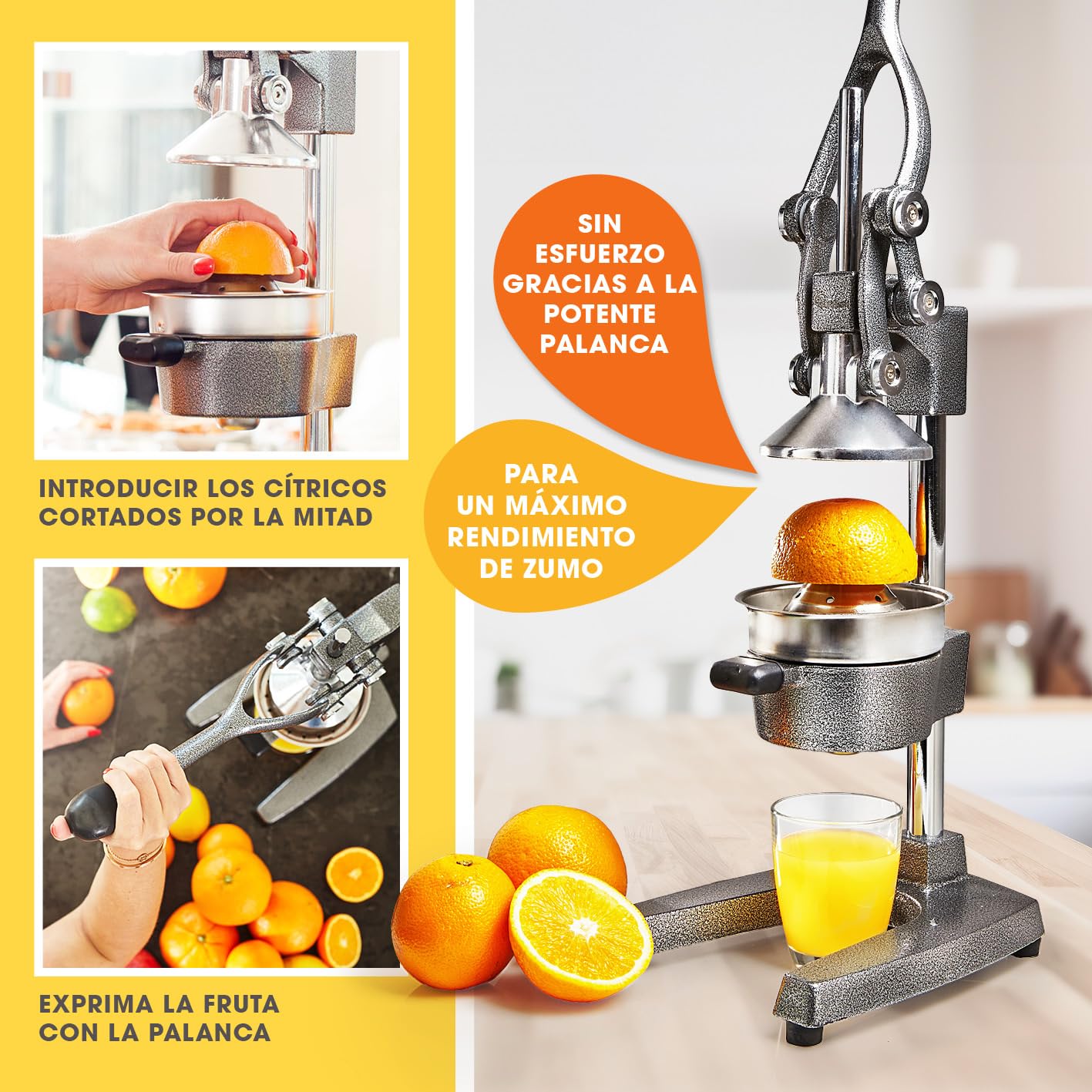 Lumaland Exprimidor manual de acero inoxidable | Exprimidor de cítricos elegante y muy silencioso | Potente para obtener mucho más zumo, simplemente exprima zumos frescos