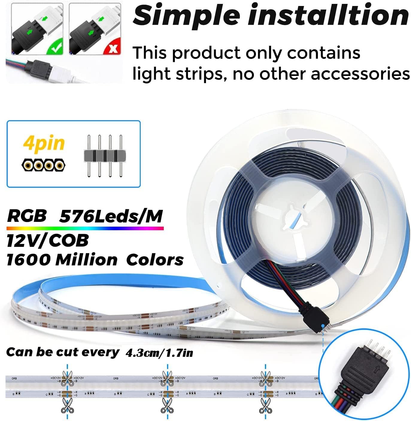 12V COB LED Strip Light,16.4ft RGB Flexible Dimmable LED Light Strip,576 LEDs/M LED Light Fixtures for Bedroom Kitchen Cabinets Home Indoor(Only Strip)